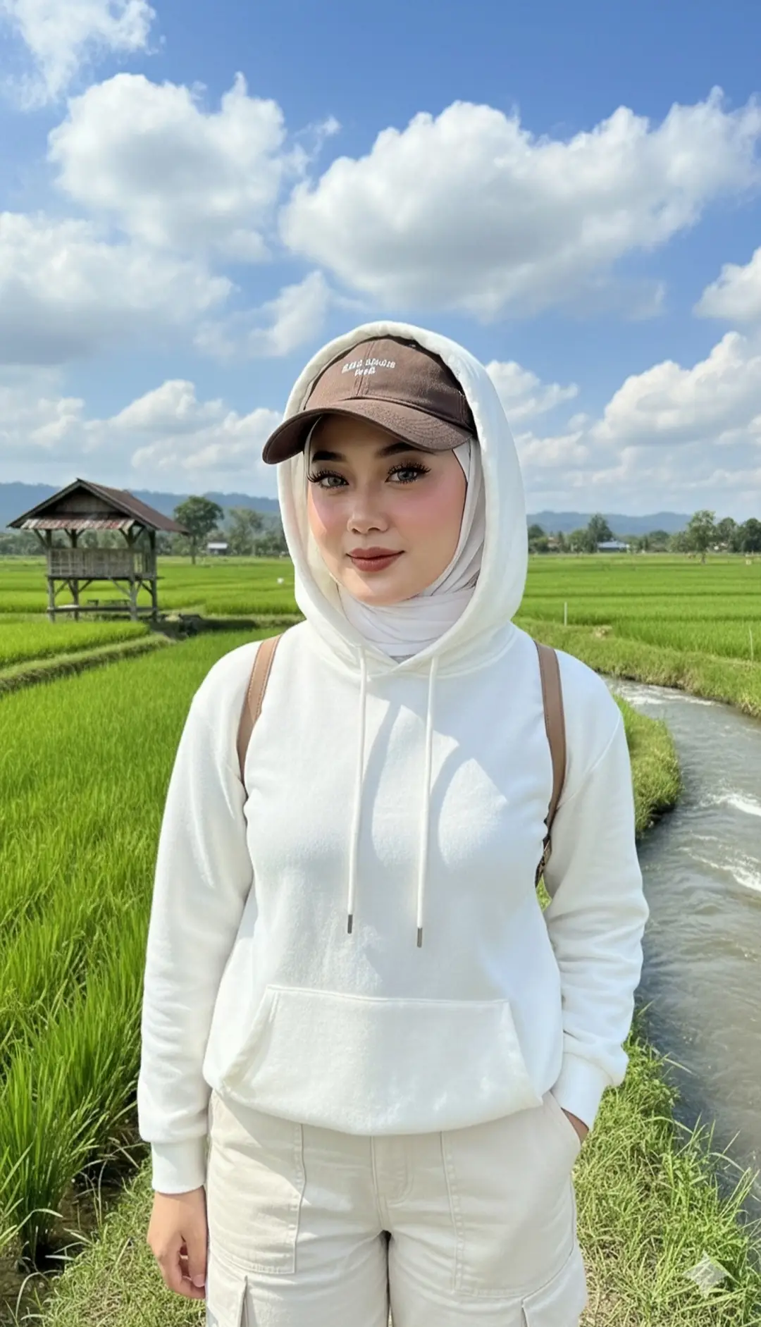 Prompt baru lagii🥳🥳🥳✨Ini prompt nya ya guys selamat mencoba🥳🤭 Edit foto ini sedang berada di sebuah hamparan sawah ditambah sungai dan saung saungan , resolusi warna dan cahaya real, kualitas HD Dan perfect seperti nyata, ditambah dengan cahaya matahari yang membuat foto semakin jelas dengan langit biru dan awan yang membut suasana semakin indah,Gunakan foto jarak dekat. Ia mengenakan outfit Hoodie Warna putih yang kupluk hoodie nya di pasangkan ke kepala,celana Cargo cream,kerudung putih rapih,topi coklat tua ada tulisan kecil,dan tas gendong kecil, Ia mengenakan make-up natural fresh: soflen warna hazelnut, lipstik nude, Bulumata lentik, rona pipi jangan terlalu merah, cantik dan putih,elegan dan edgy. ia difoto seperti sedang membuat apii di tanah di saung  untuk memasak ikan dengan mata fokus membuat api tanpa melihat kamera buat senatural mungkin tanpa merubah wajah sedikitpun #viralvideo #masukberanda #trendingtiktok #pedesaan #sawah 