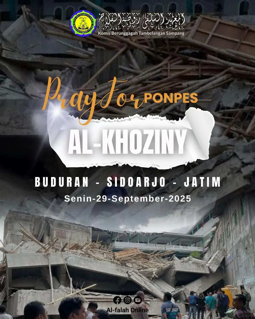 Bantu do’a untuk para santri yang menjadi korban ambruknya bangunan ponpes Al-khoziny  yang sampai ini masih dalam tahap pencarian, Mari kita berdo’a bersama untuk musibah yang di alami PONPES AL-KHOZINY. Semoga untuk para korban lainnya bisa di temukan dalam keadaan selamat Aamiin🤲. #PONPESALKHOZINY