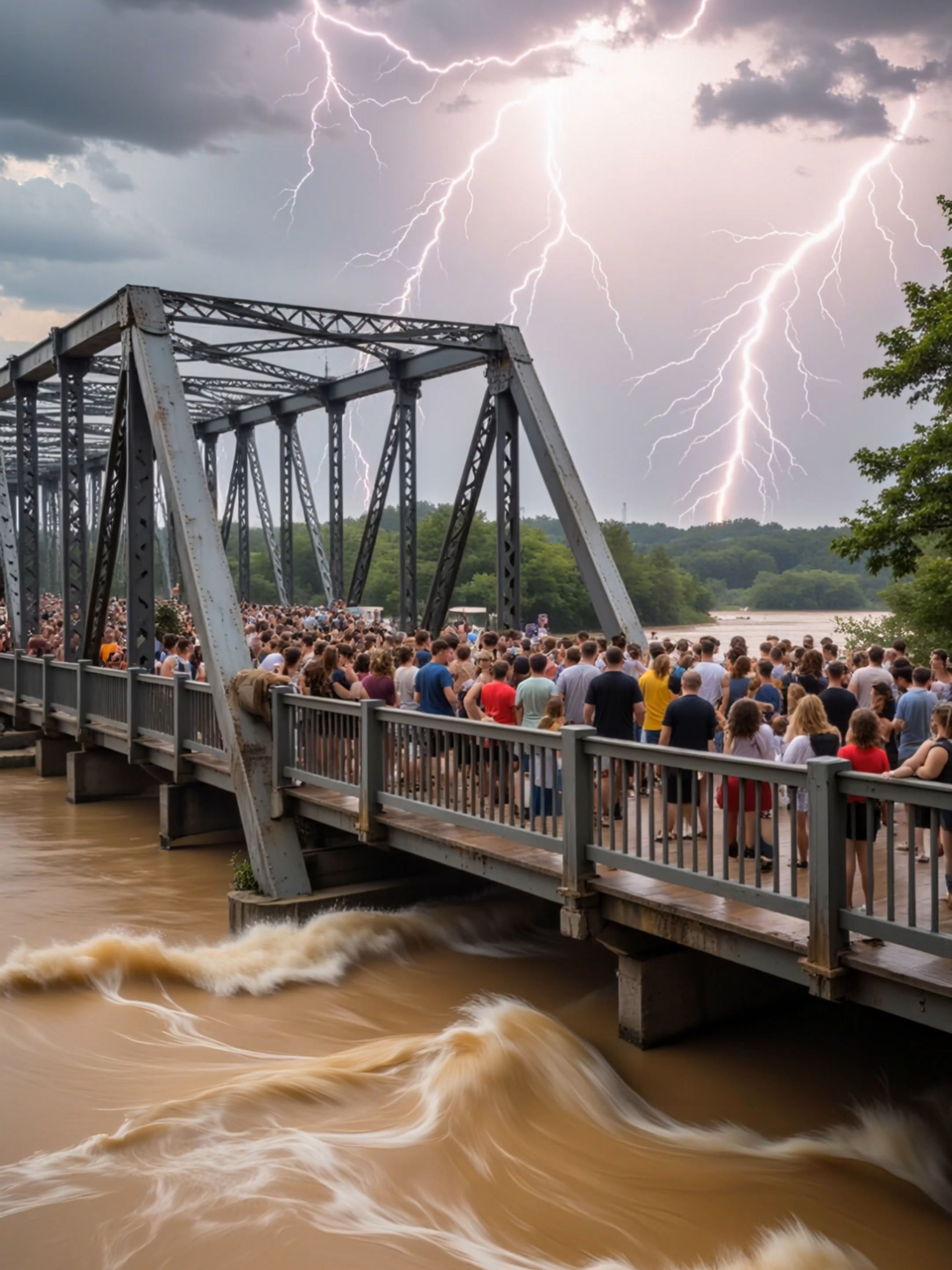 这一幕太揪心！大桥坍塌，人群被洪水冲散 This Scene Is Heartbreaking! Bridge Collapses, Crowd Swept Away#ai #tiger