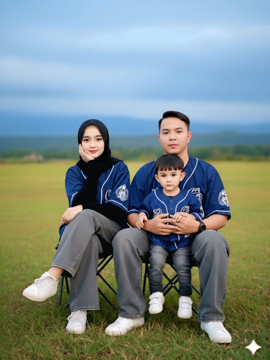 Foto keluarga kecil di alam terbuka 😍 Asli harus bikin ini nggak sih 🤩 Prompt: Foto tiga orang (ayah, ibu, anak laki-laki) berpose di ruang terbuka hijau. Wajah tetap konsisten seperti foto terlampir. Ayah (25–30 tahun,potongan  rambut two block haircut, ekspresi netral) duduk santai di kursi lipat hitam, kaki sedikit terbuka. Ia mengenakan jersey vintage baseball oversize warna biru lebam dengan desain keren, dipadukan dengan celana panjang baggy jeans loose warna abu-abu oversized longgar, sepatu kets putih dan sebuah jam tangan modren. Tangan ayah memegang tangan anak kecil agar seimbang. Anak laki-laki (5 tahun, rambut hitam pendek, ekspresi serius, gaya sporty) duduk di pangkuan ayah, bukan di pundak. Ia mengenakan Ia mengenakan jersey vintage baseball oversize warna biru lebam dengan desain keren, dipadukan dengan celana panjang baggy jeans loose warna abu-abu oversized longgar, sepatu kets putih dan sebuah jam tangan modren. Model potongan rambut anak two block haircut, Pose duduk tegap sambil menatap kamera. Ibu (20–25 tahun, berhijab pashmina hitam polos) duduk di samping kiri ayah, mengenakan  jersey vintage baseball oversize warna biru lebam dengan desain keren, dipadukan dengan celana panjang baggy jeans loose warna abu-abu oversized longgar, sepatu kets putih dan sebuah jam tangan modren. .Ia tersenyum tipis, satu tangan di pipi dan satu tangannya lagi santai di pangkuan. Latar: lapangan rumput hijau luas dengan bukit/hutan samar di kejauhan. Langit biru keabu-abuan nuansa senja mendung, background sedikit blur (bokeh lembut) agar fokus ke keluarga. Komposisi: eye-level medium shot (tubuh atas hingga kaki), framing simetris: ayah di tengah dengan anak di pangkuan, ibu di sisi kiri sebagai penyeimbang. Pencahayaan: cahaya alami mendung (diffused light), tone lembut, wajah terlihat jelas, minim bayangan. Teknis kamera simulasi: Canon EOS R5, lensa 85mm f/1.8, aperture f/2.0, ISO 200, shutter speed 1/200s, orientasi potret 9:16. Selamat mencoba 😉 #ai #fotoai #promptai #geminiai #fotokeluarga 