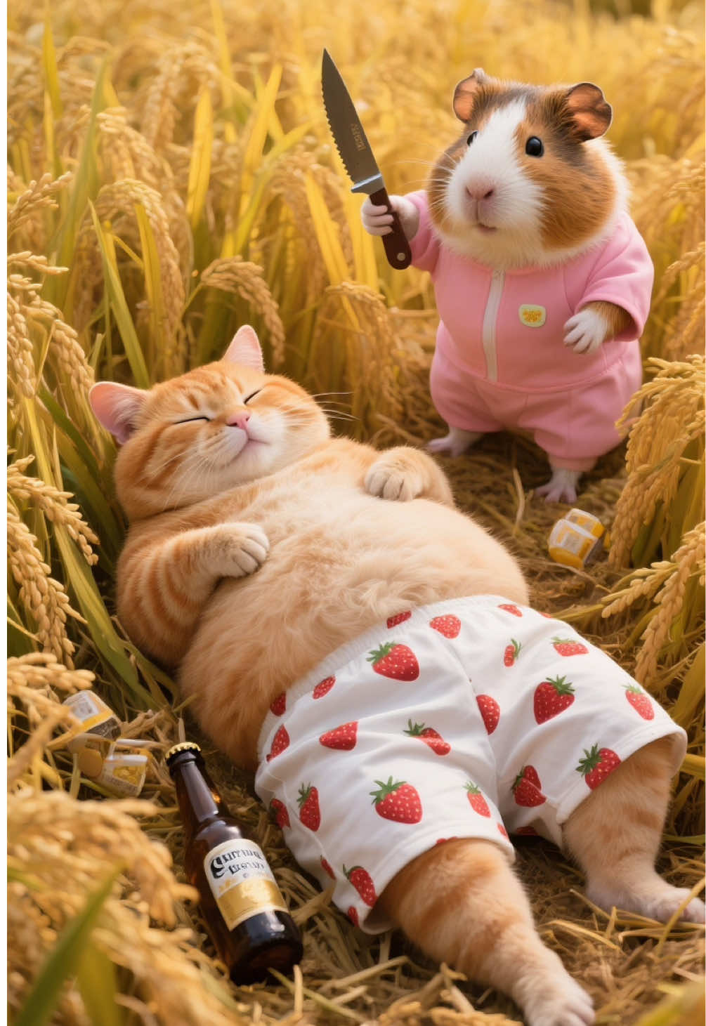 The guinea pig is so bold that it dares to mess with the fat orange cat! #kitten #orangecat #cat #ai #funny 