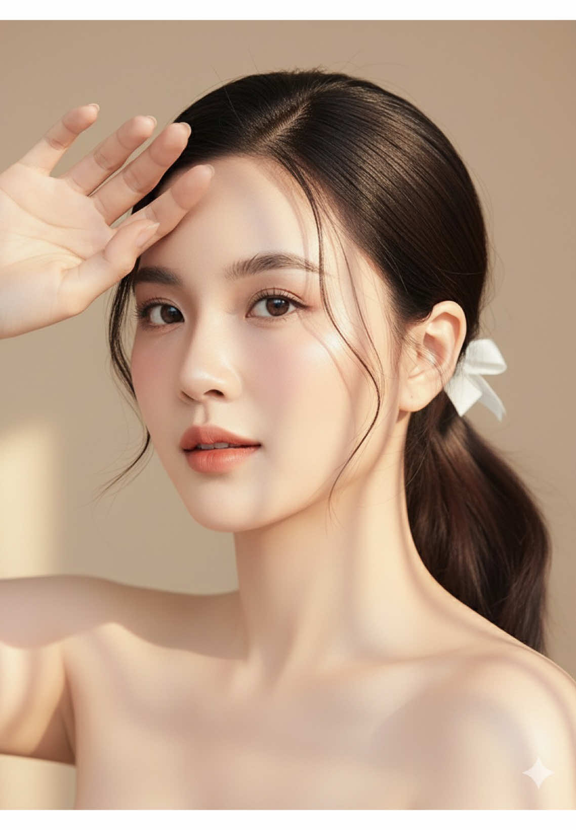 TẠO ẢNH CHÂN DUNG GEMINI AI PROMPT👇🏻 Bước 1: Mở app Gemini📲 Bước 2: Tải ảnh rõ nét khuôn mặt Bước 3: Nhập câu lệnh tạo ảnh👇👇👇  Create a sharp, high-resolution close-up photograph with a 9:16 aspect ratio. Change the style of the character in the provided photograph while maintaining the correct proportions of the character's facial features such as eyes, nose, and mouth. The angle is from bottom to top, creating a realistic portrait focused on the character's face with bare shoulders, showing only flawless fair skin, natural makeup, and a friendly expression. The face is turned 45 degrees to the side, with smooth, glowing skin, a hint of blush, and long, delicate eyelashes framing her eyes. Her natural brown hair is long and neatly tied back loosely with a cute white bow. Her eyes are looking at the camera, with a hairline around her face. Her slender fingers are trying to shield her eyes from the sunlight. Soft light creates vertical shadows or an artistic grid pattern on her face and shoulders, emphasizing her delicate features and giving a dreamy and elegant atmosphere. She leaves her shoulders bare, adding elegance and purity to the composition. Cinematic style, gentle and expressive, emphasizing beauty, innocence, and tranquility. #geminiai #geminiprompt #xuhuong #promptai #aigenerated 