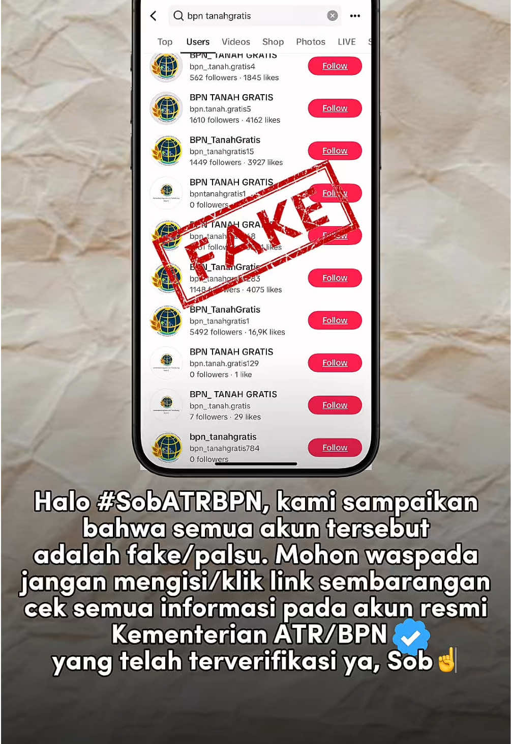 Halo #SobATRBPN, Kementerian ATR/BPN menegaskan bahwa tidak ada program resmi yang menawarkan sertipikasi maupun balik nama tanah secara gratis.  Informasi dan layanan resmi hanya dapat diperoleh melalui kanal resmi Kementerian, yakni situs web atrbpn.go.id, ppid.atrbpn.go.id dan akun sosial media resmi yakni melalui: 
 •	X (x.com/kem_atrbpn) 
 •	Instagram (instagram.com/kementerian.atrbpn/),
 •	Fanpage Facebook (facebook.com/kementerianATRBPN),
 •	YouTube (youtube.com/KementerianATRBPN),
 •	TikTok (tiktok.com/@kementerian.atrbpn)
 Masyarakat juga dapat menyampaikan pengaduan melalui WhatsApp Pengaduan di nomor 0811-1068-0000 #TuntasdanBangkit #MenujuIndonesiaLengkap #ATRBPNKiniLebihBaik #ATRBPNMajudanModern