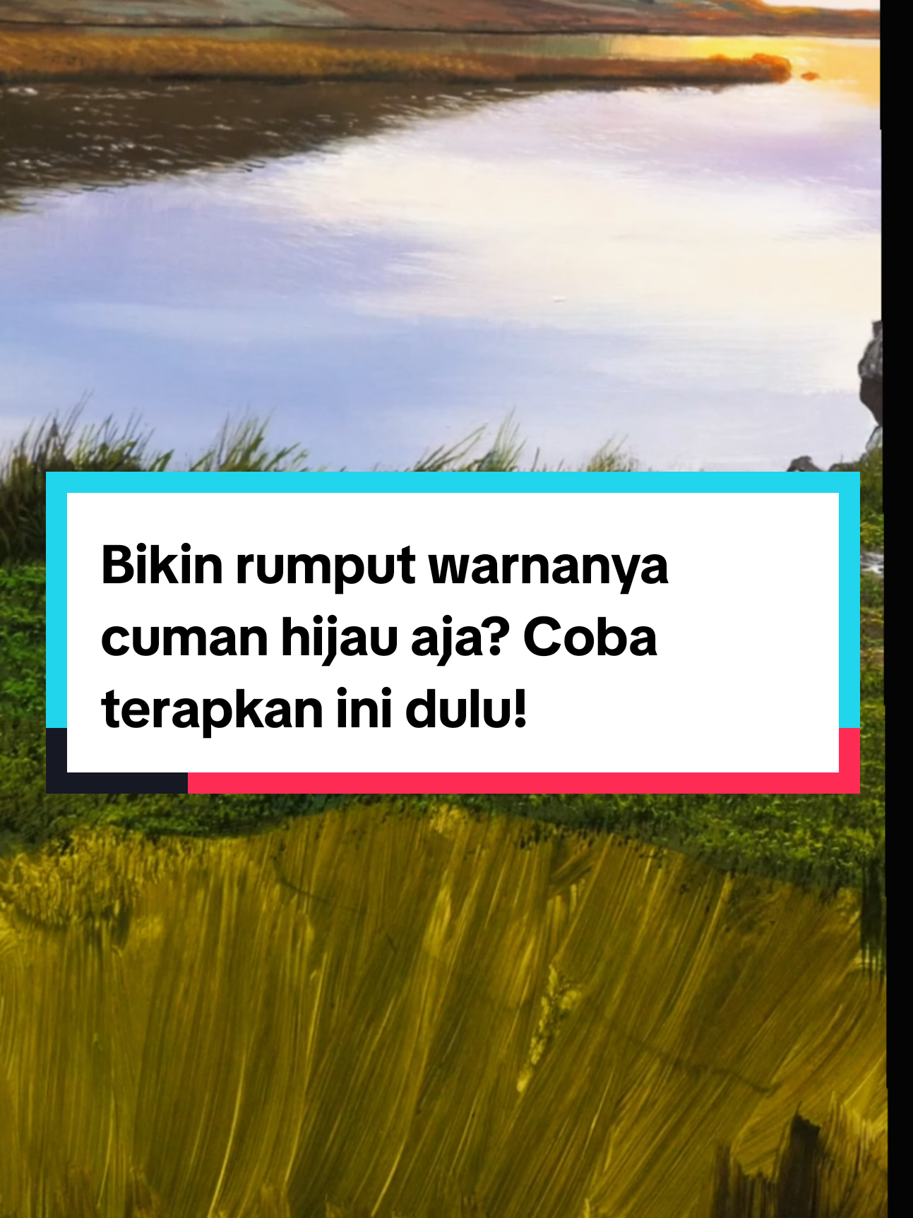 Berikut teknik melukis rumput dan semak-semak seperti pada karya tersebut menggunakan cat akrilik, disusun secara berurutan dan detail dari dasar hingga highlight. 1. Lapisan Dasar - Kedalaman Tanah dan Bayangan Mulailah dengan warna gelap sebagai pondasi. Gunakan campuran Burnt Umber atau Raw Umber yang diencerkan sedikit dengan air atau medium akrilik. Sapukan warna ini secara tidak merata menggunakan kuas datar ukuran sedang ke besar untuk membentuk dasar tanah dan bayangan yang nantinya akan muncul di sela-sela rumput. Pastikan arah sapuan kuas mengikuti arah pertumbuhan rumput (dari bawah ke atas) agar kesan organik tetap terjaga. 2. Lapisan Kedalaman Rumput – Hijau Gelap Campurkan Natural Green atau Avocado Green dengan sedikit Burnt Umber untuk mendapatkan hijau yang lebih tua dan netral. Gunakan kuas kipas (fan brush) atau liner brush dengan gerakan cepat, tipis, dan vertikal dari bawah ke atas untuk membuat kesan rumput di lapisan dalam. Biarkan beberapa bagian warna dasar tetap terlihat untuk menciptakan efek bayangan alami dan kedalaman visual. 3. Lapisan Menengah – Hijau Natural (Midtone) Setelah lapisan gelap kering, lanjutkan dengan hijau alami (natural green murni atau sedikit dicampur yellow ochre agar lebih hangat). Sapukan dengan arah vertikal sedikit melengkung untuk mengikuti pertumbuhan alami rumput. Fokuskan warna ini pada bagian tengah hingga atas bidang rumput untuk memberikan transisi dari gelap ke terang. Jangan ratakan secara penuh – sisakan celah agar warna lapisan sebelumnya tetap terlihat sebagai kedalaman. 4. Aksen Kering dan Refleksi Cahaya – Sentuhan Kuning Campurkan sedikit Yellow Ochre atau Cadmium Yellow dengan hijau natural, lalu sapukan secara ringan di ujung-ujung rumput dan beberapa titik acak. Tujuannya adalah untuk menunjukkan rumput yang mulai mengering atau menerima pantulan cahaya hangat dari sekitar. 5. Highlight – Titik Cahaya dari Kanan Atas Karena cahaya datang dari kanan atas, fokuskan highlight pada ujung-ujung rumput dan semak yang menghadap ke arah datangnya cahaya. Gunakan warna kuning muda atau campuran hijau muda + putih secara tipis dan hati-hati. Aplikasikan dengan kuas liner atau detail kecil menggunakan gerakan cepat dan runcing untuk memberi kesan helai rumput yang terpisah dan hidup. Highlight tidak boleh terlalu banyak; cukup sebagai aksen agar kedalaman dan arah cahaya terbaca jelas. #kelasmelukis #howtopaint #grass #acryliconcanvas #lukisdasar 