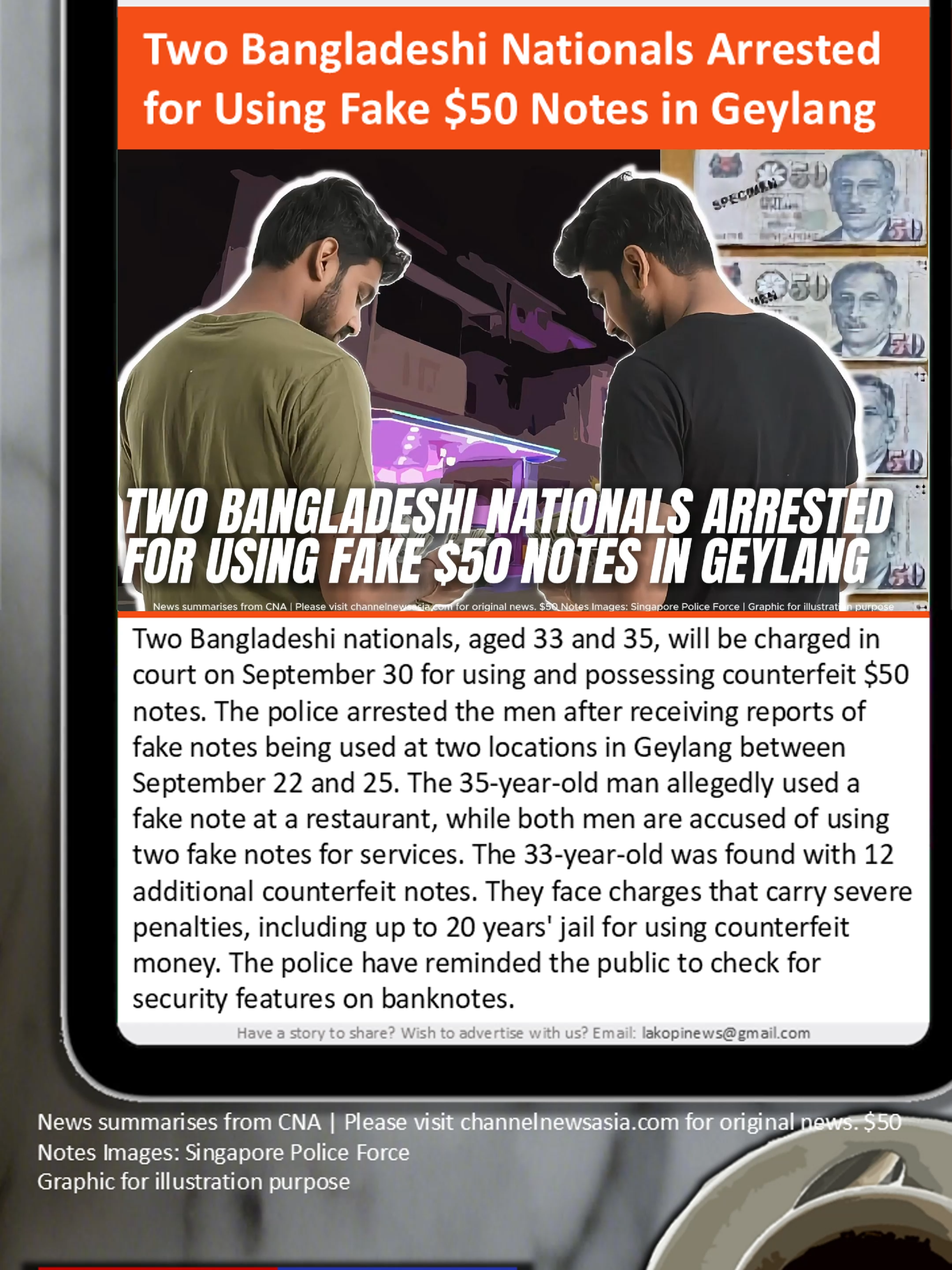 Two Bangladeshi Nationals Arrested for Using Fake $50 Notes in Geylang #sg #sgnews #newssg #lakopinews #singapore #singaporenews #lakopixiwen #news #crime #sgcrime #crimesg