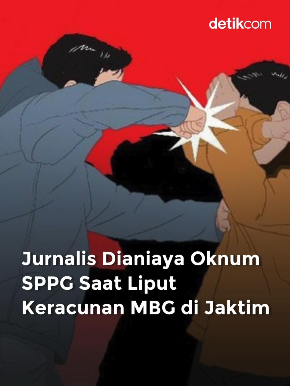 Sebanyak 20 siswa SDN di Pasar Rebo, Jakarta Timur diduga mengalami keracunan usai menyantap Makan Bergizi Gratis (MBG). Wartawan diduga dianiaya oknum Satuan Pelayanan Pemenuhan Gizi (SPPG) saat mau meliput kasus tersebut. Peristiwa tersebut dibenarkan oleh Kapolsek Pasar Rebo, AKP I Wayan Wijaya. Korban saat ini sudah membuat laporan ke Polsek Pasar Rebo. 
