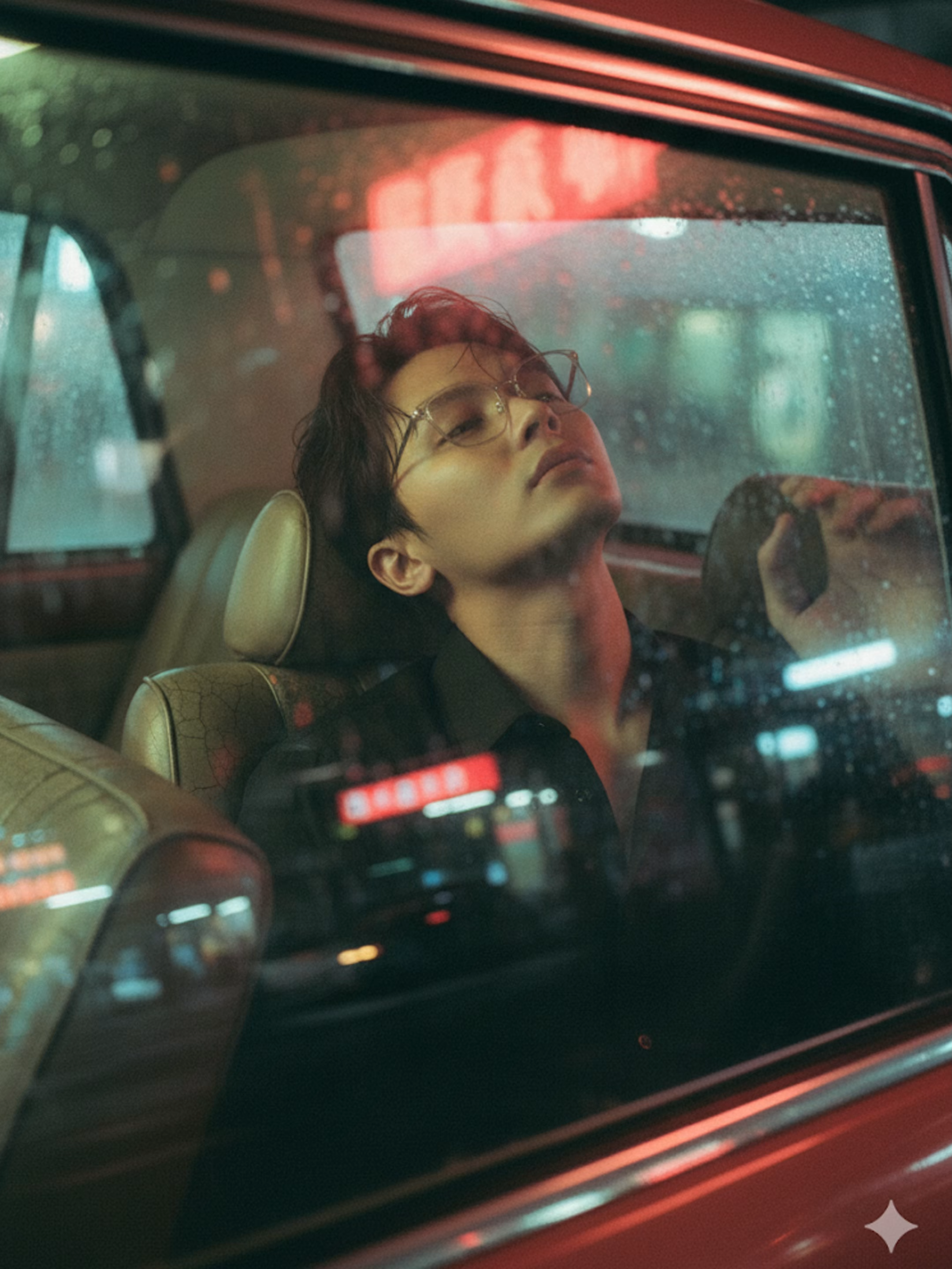 Gemini AI prompt ➡️ Wong Kar-wai's cinematic-style realistic portrait Using an uploaded photo as a reference, highlighting the jawline and neck to create a statuesque look, while maintaining the shape and identity of the face. Pose: Sitting with his head against the window, his hand resting on the edge, the streetlight's light shining through. Setting: Inside an old taxi with faded leather seats, the glass fogged up by rain, and the streetlight's light refracting into blurred streaks. Camera angle: Shot from outside the window, with overlapping reflections on the face. Lighting: Red-green neon lights passing by, causing the face to change color with the light. Clothing: Black button-down shirt, slightly open, hair appearing damp. Image tone: Red-green contrast, thick film grain, pronounced motion blur, and a hazy glow around the vehicle's headlights. Mood: Loneliness, solitude, a sense of a big city with no answering voice.