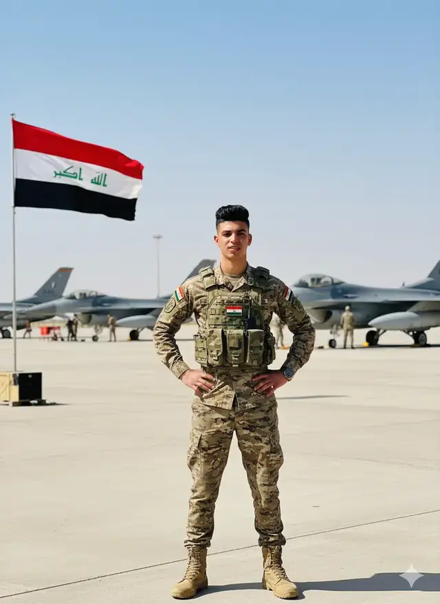 :Place me standing at full height in a military airbase background with fighter jets behind me. I am wearing the new Iraqi Army military uniform and desert-colored combat boots. Add an Iraqi flag behind me on the left side. Both of my hands are on my waist. Make the image realistic, detailed, and high #شعراء_وذواقين_الشعر_الشعبي🎸 #كربلاء_مدينة_العشق_والعاشقين😍 #اهل_البيت_عليهم_سلام4k #استخدمو_القالب_اجر_لي_ولكم_ان_شاءالله🍂 8080808080880808888888888888808088880884688888858888855568685888666668686868655555555555585555555555666333255#quality. quality.