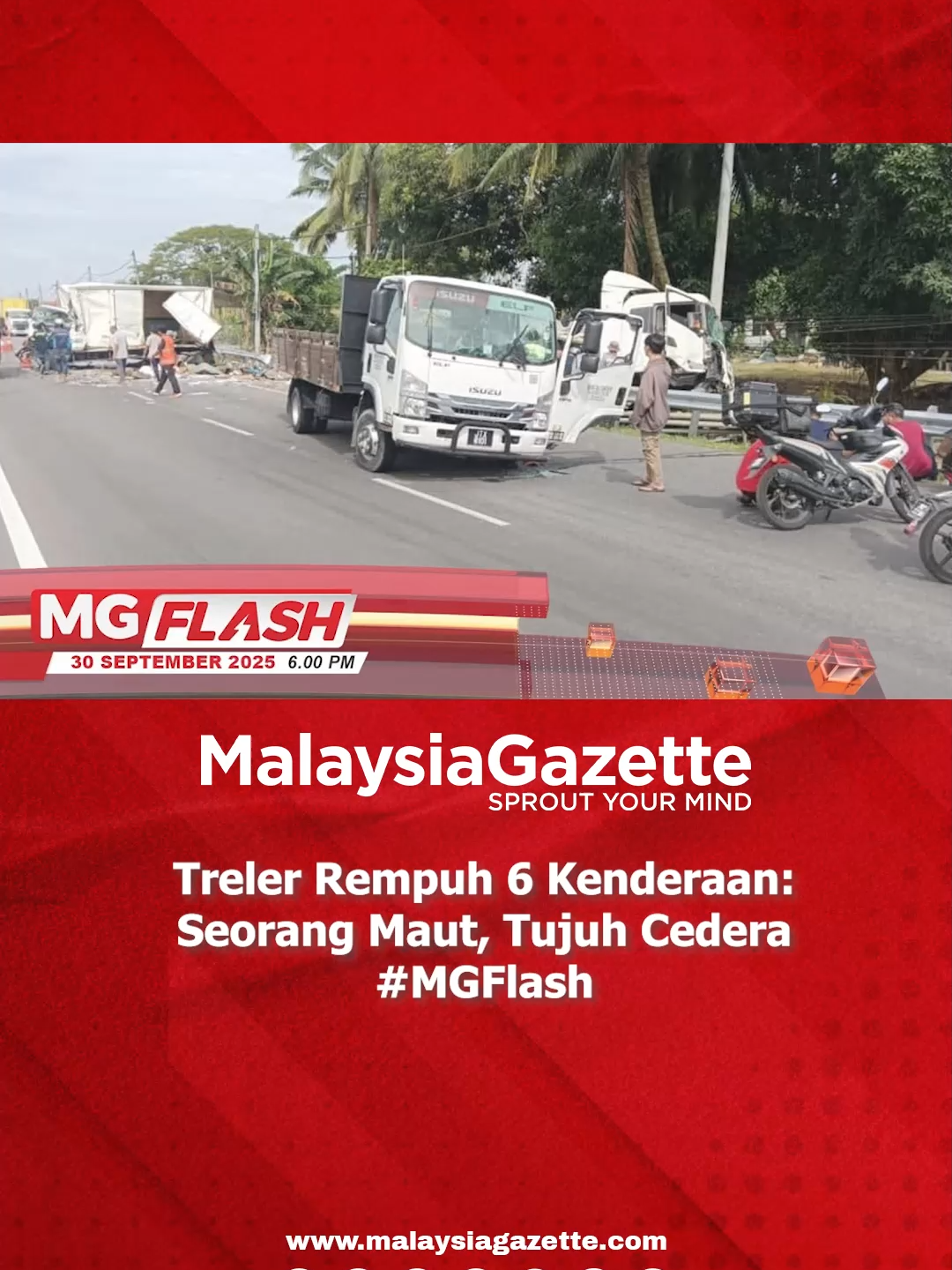 Seorang pemandu kereta maut selepas tersepit bawah treler dan tujuh lagi cedera dalam nahas di Jalan Kluang-Batu Pahat, hadapan masjid Sabak Uni, Batu Pahat, Johor.