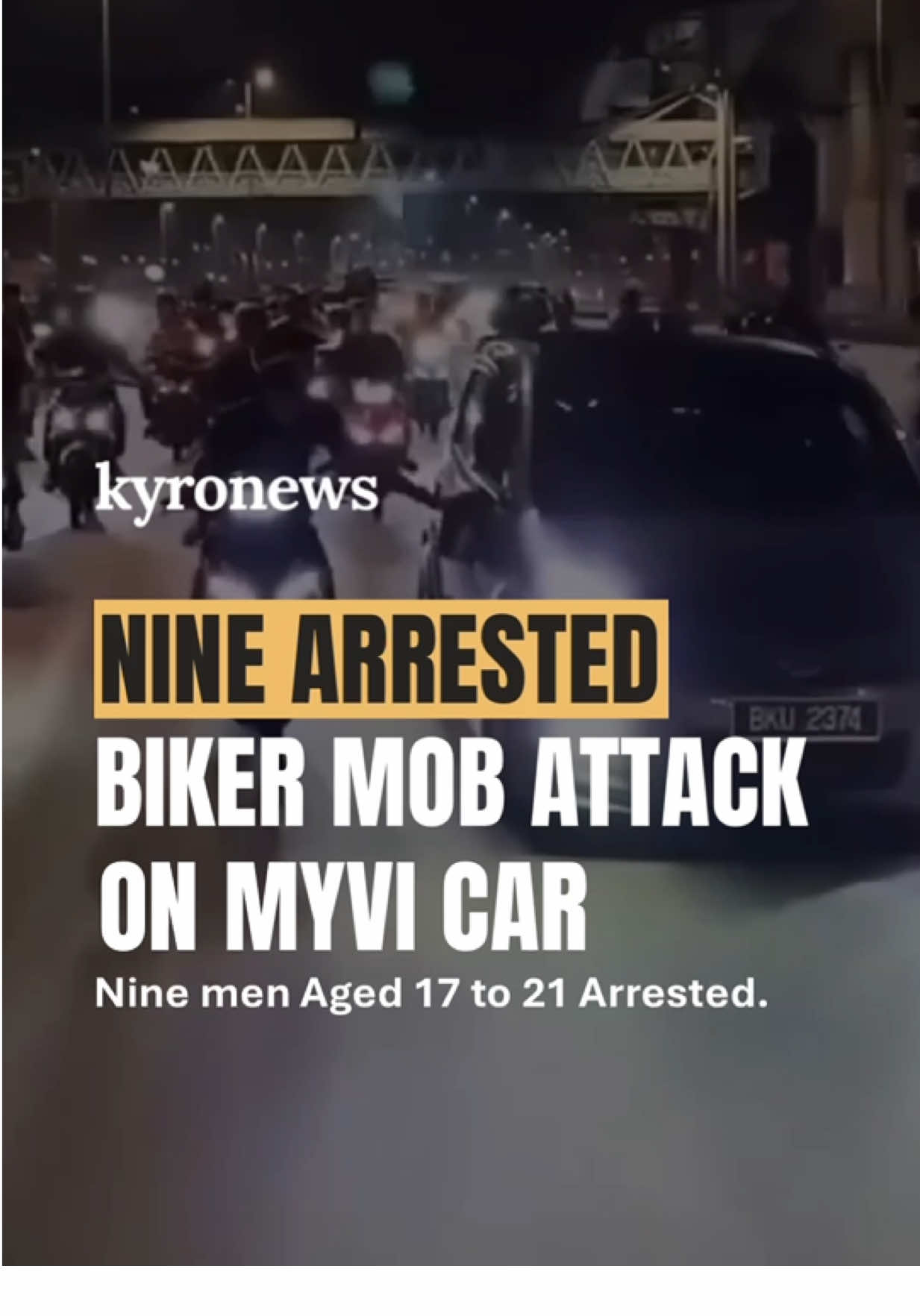 Police have arrested nine men, aged between 17 and 21, in connection with a viral video showing motorcyclists surrounding and assaulting a Perodua Myvi near the Batu 13 Toll Plaza in Puchong.  The incident occurred around 4:00 a.m., and the victim has been identified as a 52-year-old security guard.  Three motorcycles believed to have been used in the attack were also seized.  The video, lasting about 29 seconds, shows a group of motorcyclists encircling the car, one of whom punches and kicks the driver’s side.  The nine suspects have been brought to court for remand applications.  The case is being investigated under Section 427 (mischief/damage) and Section 279 (reckless driving) of the Penal Code. #Puchong #MyviAttack #Biker #Mob #Malaysia