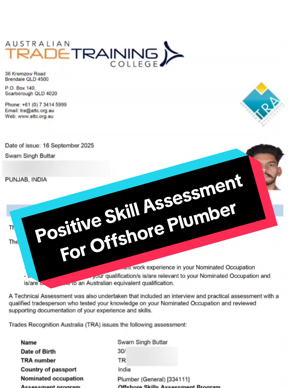 Congratulations to Swarn Singh who has not only cleared his interview but aced the practical assessment, to secure a positive skill assessment by TRA, You too can do that, and become PR in Australia contact our team, send us your resume, Your Foreign journey begins here and now Big win for skilled trades! 📩 DM us to start your journey ✨Registered Migration Agent for Australia and Licensed Visa Consult From India. Er. Shaminder Singh Target Success Immigration & Education +91.9780900946 (Faridkot), +61.0414450121(Melbourne) https://www.tsie.com.au https://www.facebook.com /TargetSuccessImmigrationAndEducation https://www.instagram.com/target_success_immigration _edu/  https://www.linkedin.com/company/84595806/admin/ https://www.tiktok.com/@target_success?_t=ZS-8ye5TYMG4hd&_r=1 https://www.youtube.com/channel / 🧰 #PlumberLife #AustraliaPR #SkilledMigration 📍 #Subclass189 #Subclass190  🔥  Congratulations to Swarn Singh who has not only cleared his interview but aced the practical assessment, to secure a positive skill assessment by TRA, You too can do that, and become PR in Australia contact our team, send us your resume, Your Foreign journey begins here and now Big win for skilled trades! 📩 DM us to start your journey ✨Registered Migration Agent for Australia and Licensed Visa Consult From India. Er. Shaminder Singh Target Success Immigration & Education +91.9780900946 (Faridkot), +61.0414450121(Melbourne) https://www.tsie.com.au https://www.facebook.com /TargetSuccessImmigrationAndEducation https://www.instagram.com/target_success_immigration _edu/  https://www.linkedin.com/company/84595806/admin/ https://www.tiktok.com/@target_success?_t=ZS-8ye5TYMG4hd&_r=1 https://www.youtube.com/channel / 🧰    📍    🔥 