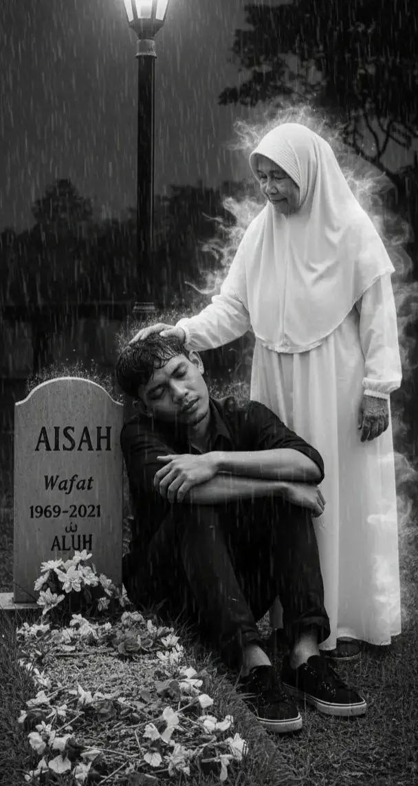 Gabungkan dua foto ini menjadi Sebuah foto dramatis dan emosional bergaya fotografi hitam-putih, suasana malam yang gelap di bawah hujan deras. Seorang laki-laki duduk di bawah dan bertumpu di samping makam dengan rumput taburan kembang tujuh rupa (jangan duduk di atas makam) sambil bersandar kepala di batu nisan sang ibu dan sambil memeluk batu nisan dan di batu nisan itu tertulis 
