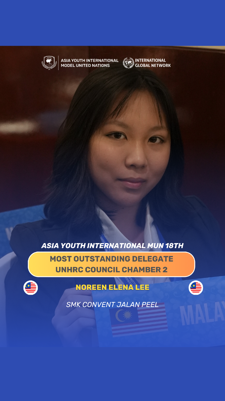 Recognition shines brightest when paired with resilience. 🌍 Noreen Elena Lee from SMK Convent Jalan Peel, Malaysia, was honored as the Most Outstanding Delegate in UNHRC Council Chamber 2—a testament not only to her skills, but also to the hours of preparation and courage it took to step forward in global dialogue. For parents, the pride runs deeper than medals or certificates—it’s in watching our children rise to challenges and grow stronger through them. 💭 If you were in the audience, would your heart celebrate more the award itself, or the person your child is becoming through the journey? #AYIMUN #AYIMUN18th #AYIMUN19th #MUN #ConnectingDreams
