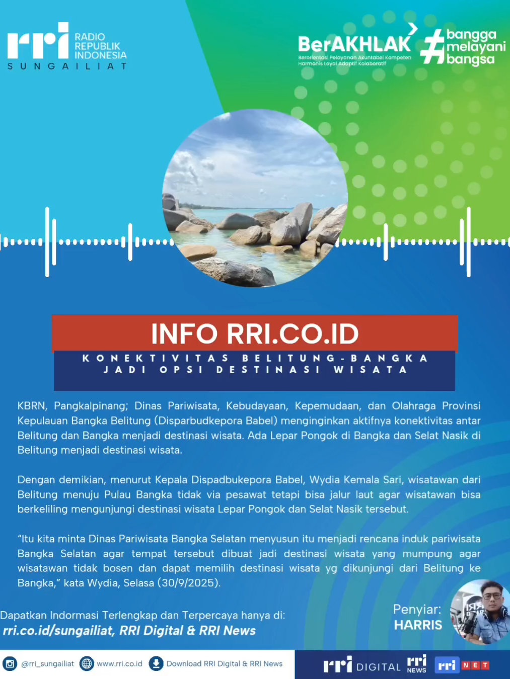 KBRN, Pangkalpinang; Dinas Pariwisata, Kebudayaan, Kepemudaan, dan Olahraga Provinsi Kepulauan Bangka Belitung (Disparbudkepora Babel) menginginkan aktifnya konektivitas antar Belitung dan Bangka menjadi destinasi wisata. Ada Lepar Pongok di Bangka dan Selat Nasik di Belitung menjadi destinasi wisata. Info selengkapnya: rri.co.id #rrisungailiat #penyiarrrisungailiat #inforri