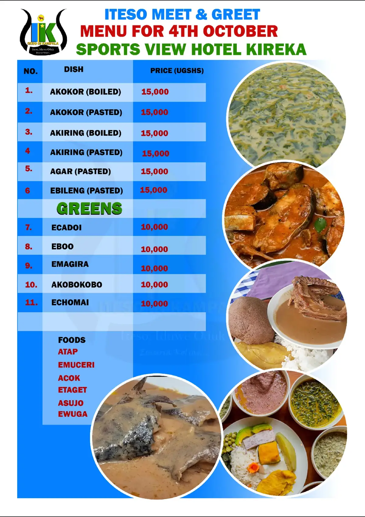 OUR MENU for Iteso Meet & Greet 2nd Edition 