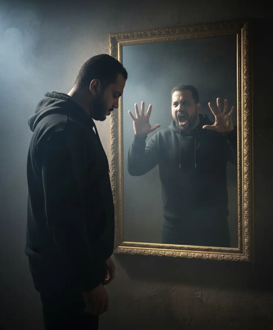 A man standing in front of a mirror,wearing black hoodie. his real self looks down in silence with a heavy, thoughtful expression, while his reflection in the mirror is screaming angrily with mouth wide open, as if trapped inside. The scene is smoki, high contrast lighting, dramatic shadows, intense psychological horror atmosphere, cinematic composition, hyper-reali