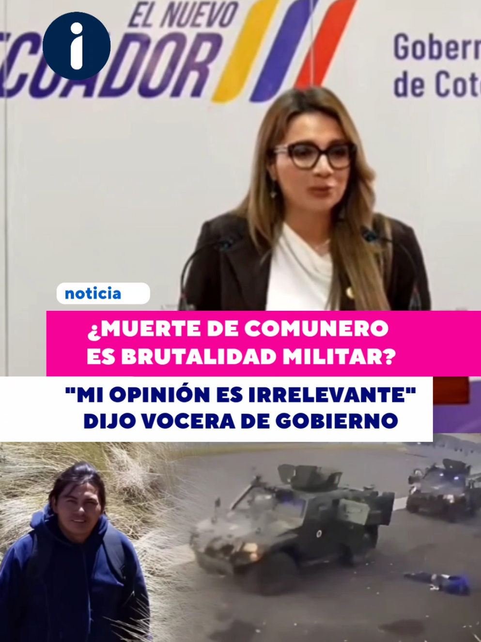 La vocera de la Presidencia de Ecuador, Carolina Jaramillo, evitó pronunciarse sobre el as3sin4to de Efraín Fuerez, quien habría mu3rto por disparos de militares. Consultada al respecto, se limitó a decir que su opinión era “irrelevante” y tampoco quiso comentar sobre la posible extralimitación de funciones de las Fuerzas Armadas. #Noticia 