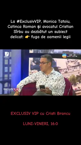 La Exclusiv VIP cu Cristi Brancu Monica Tatoiu, Catinca Roman și avocatul Cristian Sîrbu au dezbătut un subiect delicat- fuga de oamenii legii. Invitații au analizat cauzele, consecințele și implicațiile legale ale acestui fenomen tot mai des întâlnit. 📺Spune-ne în comentarii ce părere ai și ce soluții crezi că ar trebui luate! Urmărește emisiunea, de luni până vineri, de la ora 16:00, la Prima TV! #primatv #exclusivvipcucristibrancu