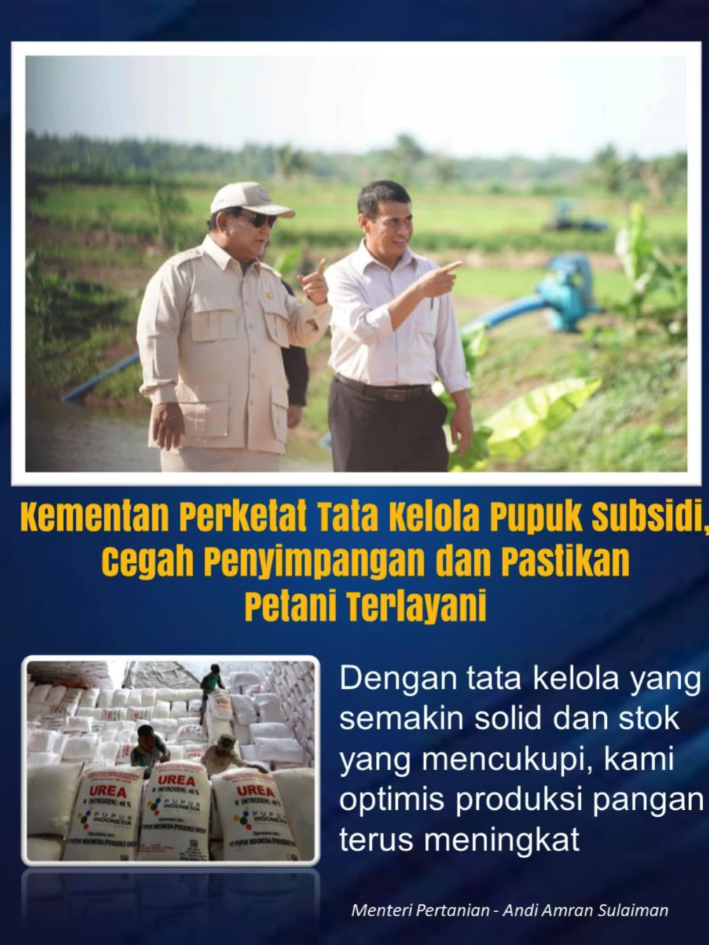 Kementan Perketat Tata Kelola Pupuk Subsidi untuk Cegah Penyimpangan dan Pastikan Petani Terlayani Kementerian Pertanian telah memperketat tata kelola pupuk bersubsidi melalui penerapan sistem digital dan verifikasi berlapis untuk mencegah kebocoran distribusi serta memastikan pupuk diterima oleh petani yang berhak. Pendataan penerima dilakukan via e-RDKK yang terintegrasi dengan Simluhtan dan data kependudukan dari Dukcapil Kemendagri, dengan validasi melibatkan penyuluh lapangan hingga kepala dinas kabupaten/kota. Di bawah kepemimpinan Presiden Prabowo, sistem ini menjamin transparansi dan akurasi sesuai prinsip 7 Tepat, mencakup harga, jenis, jumlah, mutu, penerima, tempat, serta waktu yang tepat. Stok pupuk subsidi dipastikan aman menjelang Musim Tanam I dari Oktober hingga Maret, dengan realisasi penyaluran hingga akhir September mencapai sekitar 58 persen atau 5,54 juta ton, menunjukkan ketersediaan yang mencukupi di lapangan. Sistem alokasi dan realokasi bertingkat dari pusat ke daerah memperkuat pengawasan agar pupuk tepat sasaran, sementara penguatan tata kelola ini menjadi prioritas utama pemerintah untuk mendukung produksi pangan. Dengan distribusi yang lebih transparan, petani dapat fokus pada musim tanam, sehingga produktivitas pertanian stabil dan ketahanan pangan nasional semakin kuat. #TataKelolaPupuk