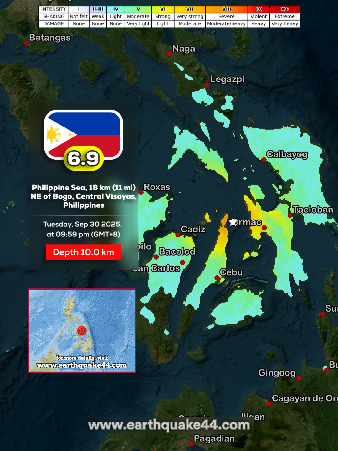 Cebu Earthquake - Philippine Sea, 18.2 km (11.3 mi) NE of Bogo, Central Visayas, Philippines ▶️ Local time at epicenter: Tuesday, Sep 30 2025, at 09:59 pm (GMT+8) ▶️ Epicenter: Philippine Sea, Central Visayas ▶️ Magnitude: 6.9 ▶️ Depth: 10.0 km #earth44 #earthquake #earthquakes #Philippines #fyp #viral #trending