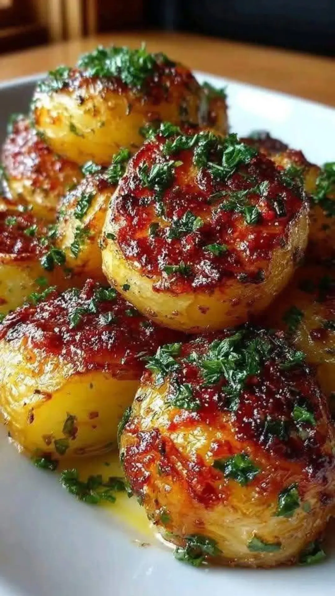Roasted Garlic Butter Parmesan Potatoes Ingredients: 2 lbs baby potatoes, halved 3 tbsp butter, melted 2 tbsp olive oil 4 garlic cloves, minced 1/2 cup grated Parmesan cheese 1 tsp Italian seasoning 1/2 tsp salt 1/4 tsp black pepper 2 tbsp chopped fresh parsley (for garnish) Directions: 1. Preheat the Oven: Preheat your oven to 425°F (220°C). Line a baking sheet with parchment paper or foil. 2. Prep the Potatoes: In a large bowl, toss halved potatoes with melted butter, olive oil, garlic, Parmesan, Italian seasoning, salt, and pepper until fully coated. 3. Arrange for Roasting: Place potatoes cut-side down on the baking sheet in a single layer. 4. Roast: Bake for 30–35 minutes or until golden and crispy. No need to flip! 5. Garnish & Serve: Sprinkle with chopped parsley and serve hot as a delicious side or snack.