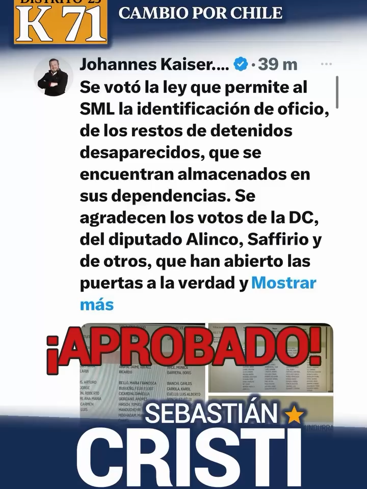 ‼️Se aprobó el proyecto de ley de nuestro futuro Presidente, Johannes Kaiser, en la cámara. Ya no hay excusas para continuar con las osamentas de Detenidos Desaparecidos sin identificar. ❌Con esto tendría que acabar la Pyme de muchos de la extrema izquierda que lucraban y lucran aún con el sufrimientos de otros. O derechamente estafan al Estado (a cada contribuyente que paga sus impuestos) con casos de falsos DDDD. JOHANNES KAISER #defiendelaverdad  #johanneskaiser #partidonacionallibertario #kaiserpresidente #kaiser2026 #cambioporchile❤️🇨🇱 #cristidiputado #derechachilena #libertarios #distrito25 #osorno #puertooctay #puertovaras #purranque