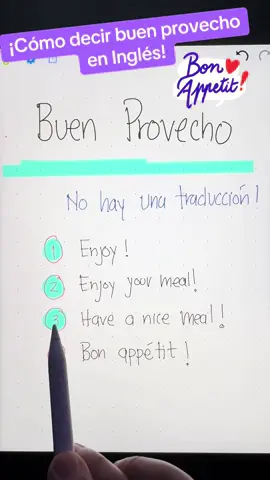 ✨ ¿Cómo decimos “¡Buen provecho!” en inglés? 🍽️ No existe una traducción literal, pero aquí tienes 3 formas naturales: 1️⃣ Enjoy your meal! 2️⃣ Have a nice meal! 3️⃣ Bon appétit! (prestada del francés, también usada en inglés). 👉 La próxima vez que te sientes a comer con alguien, ya sabes qué decir en lugar de buen provecho. 😉 #EnglishTips #AprendeInglés #TrueEnglish #BuenProvecho