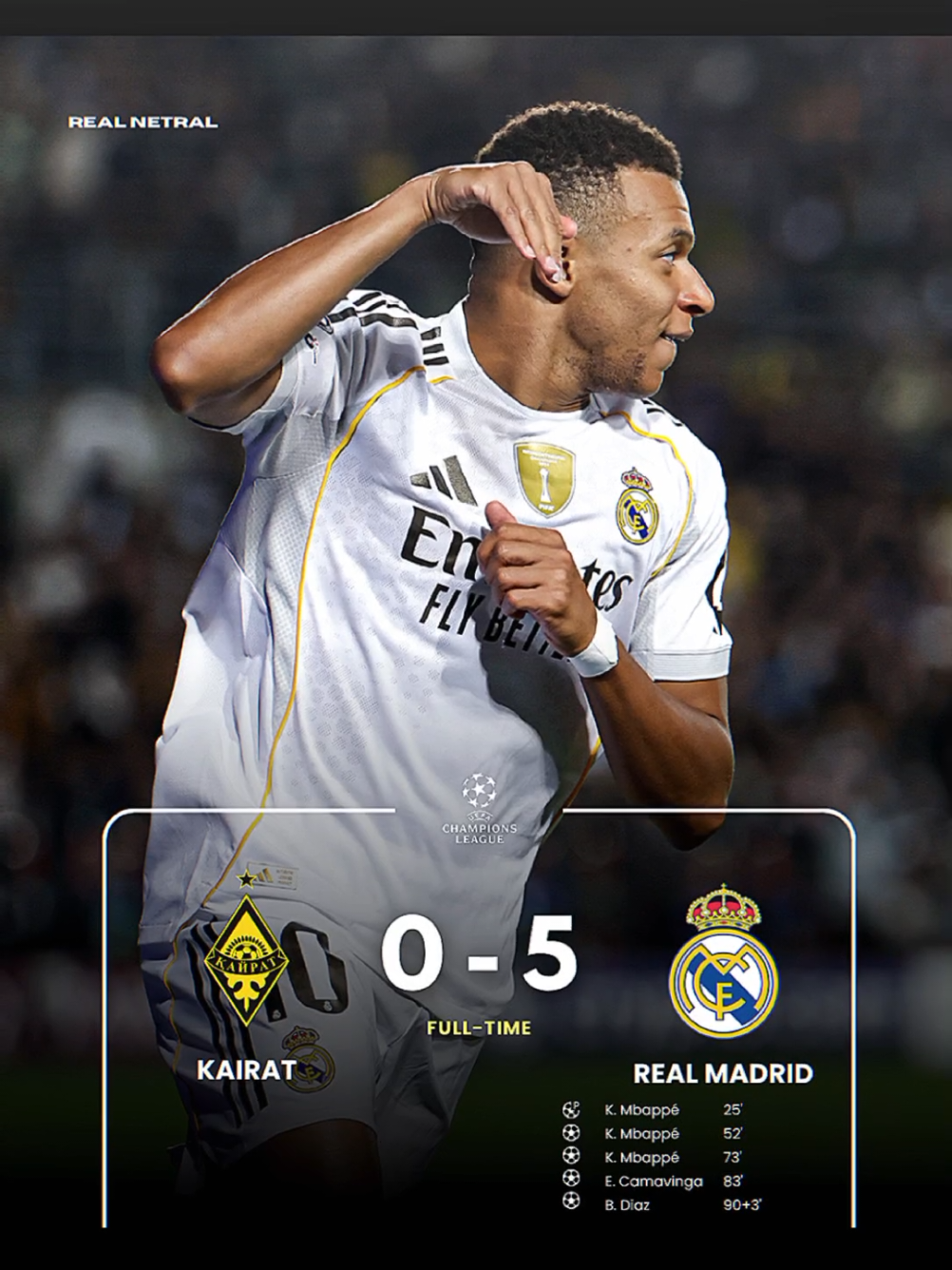 FT Madrid menang telak 0-5 atas Kairat Almaty🔥 Mbappé bener2 gacor bet dahh cetak hattrick🔥 gol lain dicetak oleh Camavinga dan Brahim Diaz #uefachampionsleague #realmadrid #kairat #mbappe #fyp 