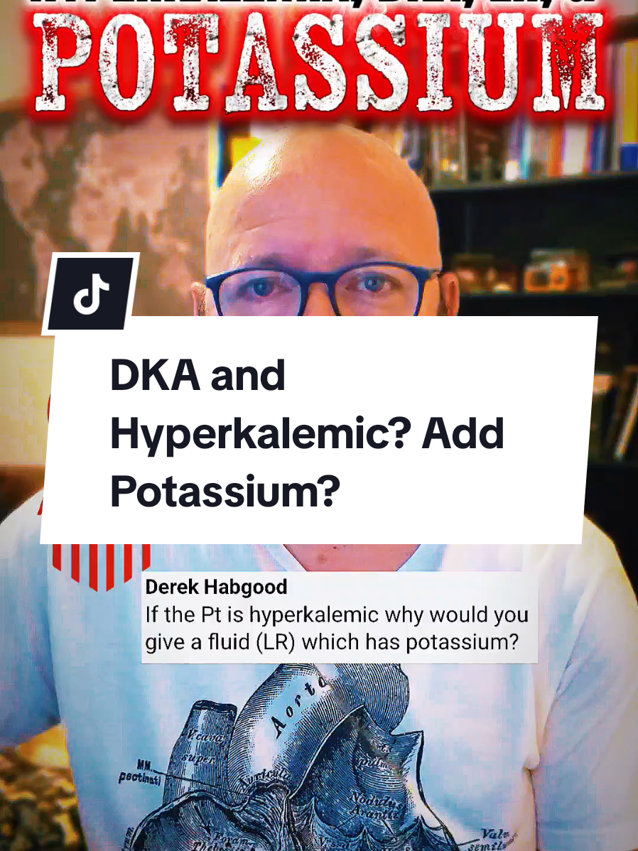 Your patient is in DKA and they are hyperkalemic. For boluses the patient may get Lactaded Ringers, which is the ideal isotonic crystalloid for replacing volume in DKA. But LR contains potassium. Additionally the patient is going to get ongoing maintenance fluid, and potassium will be added to it. What gives? #EMS #EMTs #Paramedics #firstresponders 