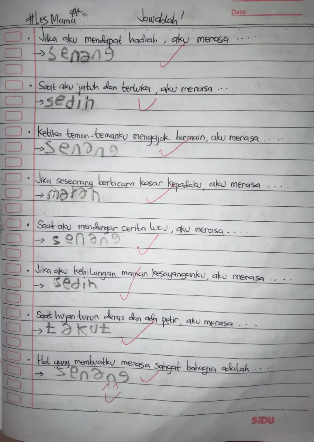 Jawaban Soal Latihan untuk anak kelas 1 SD. Mata Pelajaran : - Bahasa Indonesia - Matematika Materi : • Menulis tentang perasaan • Menentukan hari • Penjumlahan kesamping • Menentukan jam Les Mama✅ Silahkan ikuti akun Mama, Lewat reels dan postingan, agar tidak ketinggalan tips belajar dan update kumpulan soal-soal terbaru (seluruh mata pelajaran) kelas 1 SD. Yang akan Mama posting di setiap harinya. Sayangi anak, mereka harapan bangsa. Biasakan anak buka buku setiap hari, biasakan anak berfikir tentang pelajaran. #belajar #parenting #family #kumpulansoal #fyp 