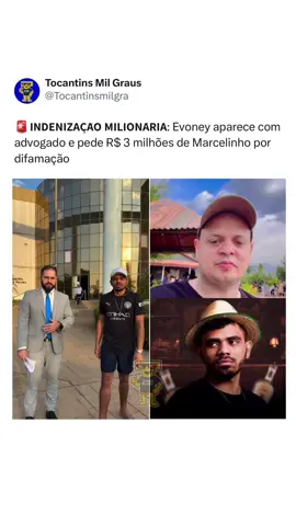 A rivalidade entre o humorista tocantinense Evoney Fernandes e o influenciador Marcelinho Johnson segue rendendo capítulos cada vez mais intensos nas redes sociais. Nesta terça-feira (30), Evoney publicou um vídeo ao lado de um advogado especializado em crimes digitais e anunciou que entrou com um processo contra Marcelinho. No vídeo, Evoney disparou: “Pra quem achou que eu tava brincando, tá aqui o melhor advogado de crime digital do Brasil. Marcelinho vai ter que me pagar R$ 3 milhões por me difamar.” #evoneyfernandes #seuosmar #marcelinhojhonson #viral 