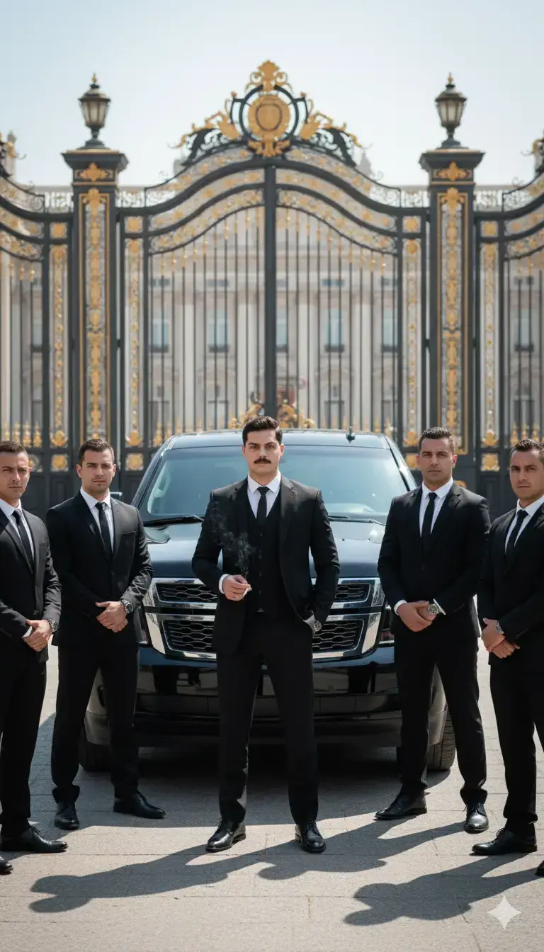 #الفخامة A high-ranking man with a confident and serious expression, wearing a sharp black formal suit, standing in the center of his protective team. The bodyguards, dressed in black formal suits without weapons, surround him closely, forming a strong protective circle. Beside him, a black Chevrolet Tahoe SUV is parked, polished and shining in the daylight. The background shows a luxurious grand palace with tall gates and elegant architecture, captured in bright daylight to highlight the scene. The man holds a lit cigarette in his hand, with a calm yet powerful posture that emphasizes his elite and influential status. Ultra-realistic, full-body shot, sharp details, cinematic composition, luxurious atmosphere, 8k quality.