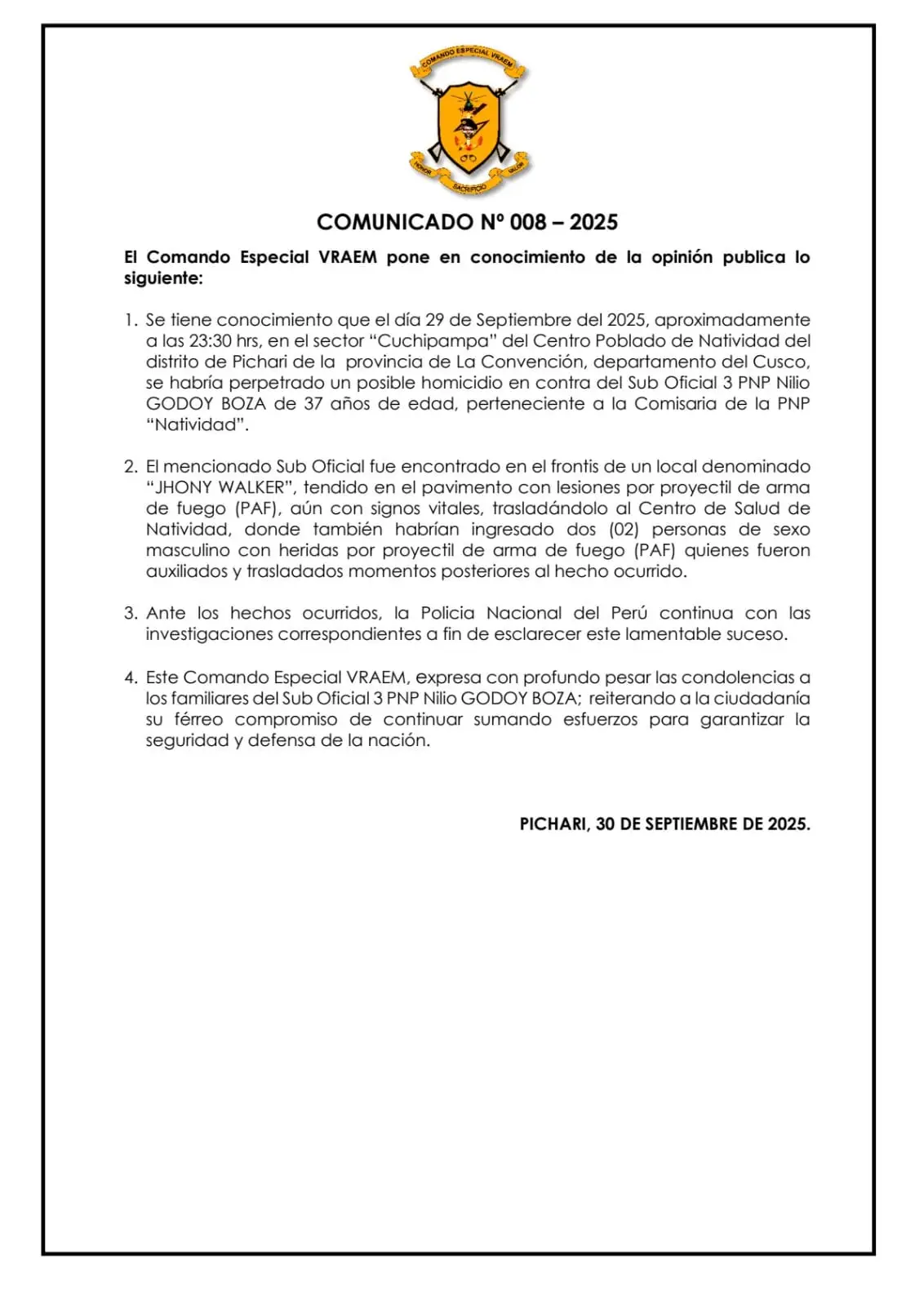 #Pichari l Nuestro Comando Especial VRAEM, comunica a la opinión pública lo siguiente. @ComandoConjuntoFFAAPerú @Ejército del Perú @Marina de Guerra del Perú @Fuerza Aérea del Perú @Policía Perú @2da Brigada de Infantería @31a Brig Inf @Guardianes del Eje Energético @IVDivisionEPoficial @EMCH @MindefPeru @@FRENTE POLICIAL VRAEM 
