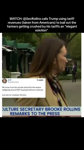 WATCH: @SecRollins calls Trump using tariff revenues (taken from Americans) to bail out the farmers getting crushed by his tariffs an “elegant solution”  She says 🌎 is “realigning around 🇺🇸 products” — but she texted Bessent that actually they’re NOT buying from our farmers 🤔