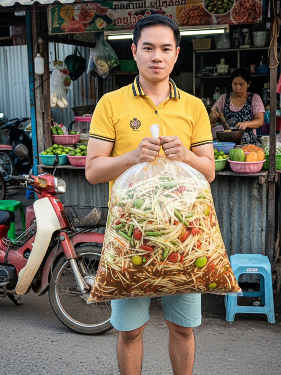 สร้างภาพ Ai จากรูปถ่ายของเรา ถือส้มตำถุงใหญ่แบบนี้เลยครับ คัดลอก prompt ได้ในใต้โพสหรือในคอมเม้นแรกล่างสุด  prompt: แต่งภาพให้คนในภาพกำลังนั่งถือถุงส้มตำ ให้ใบหน้า เหมือนต้นฉบับ 100% ถุงส้มตำใหญ่มากเกินจริง ยืนอยู่หน้าร้านส้มตำข้างทาง มีรถมอเตอร์ไซเก่าๆจอดอยู่ข้างๆ ภาพมีความ ละเอียดสมบูรณ์ ขนาดภาพ 9:16 ภาพ 8K  #ai #gemini #prompt #แจกpromptฟรี #creator 