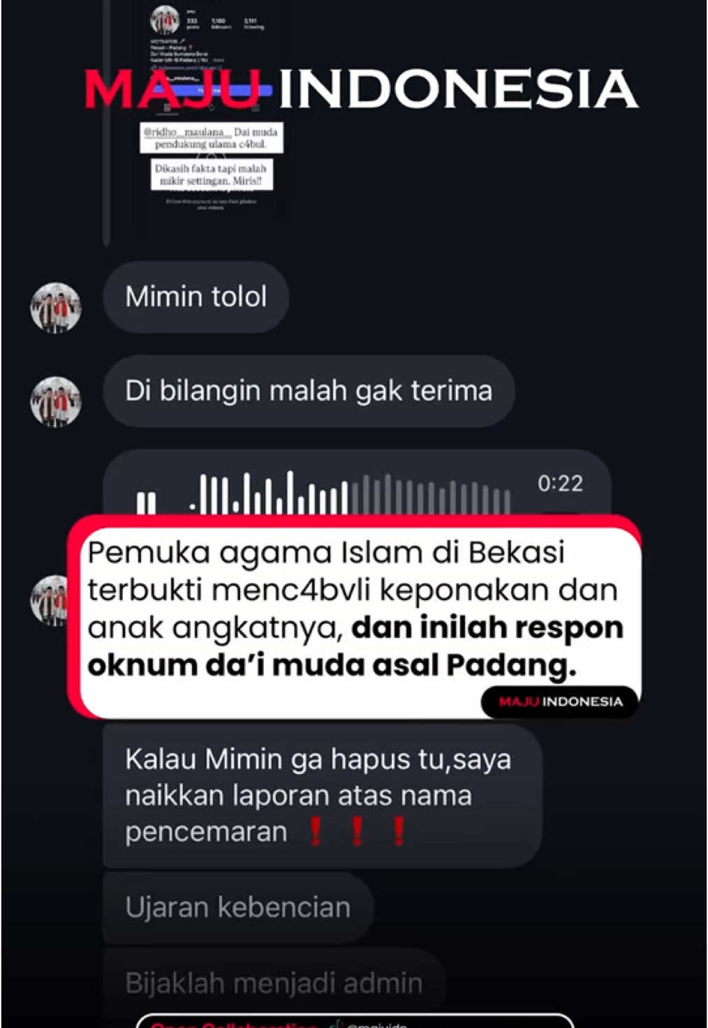 Kasus pemuka agama di Bekasi yang terbukti melakukan p3nc4bvl4n pada keponakan dan anak angkatnya, seharusnya menjadi peringatan keras bahwa kejahatan s3ksv4l tidak boleh ditutup-tutupi. Namun, seorang oknum da’i muda asal Padang justru menanggapi dengan keliru. Dalam pesan suara yang ia kirim ke DM @maju.idn, ia berkata: “Ngapain antum sebar-sebar keburukan orang lain?” Pernyataan ini menyesatkan, karena kasus p3nc4bvl4n bukanlah sekadar aib pribadi, tapi kejahatan serius yang merusak hidup korban dan wajib diungkap ke publik demi keadilan. Seorang da’i seharusnya berdiri membela kebenaran dan korban, bukan menutupi kejahatan pelaku. Dengan sikapnya, ia justru merusak citra Islam yang mengajarkan keadilan dan perlindungan pada yang lemah. ____________ #MajuIndonesia #MajuIDN #Indonesia #InfoBandung #Bandung #JakartaPusat #Jaksel #Jakpus #JakartaSelatan #JKTInfo #InfoSerpong #jawabarat #InfoTangsel #Tangerang #InfoTangerang #Jakarta #bekasi #InfoJakarta #infobekasi #Politik #Jabar #JawaBarat #InfoJabar #Padang #Islam #Muslim #InfoPadang