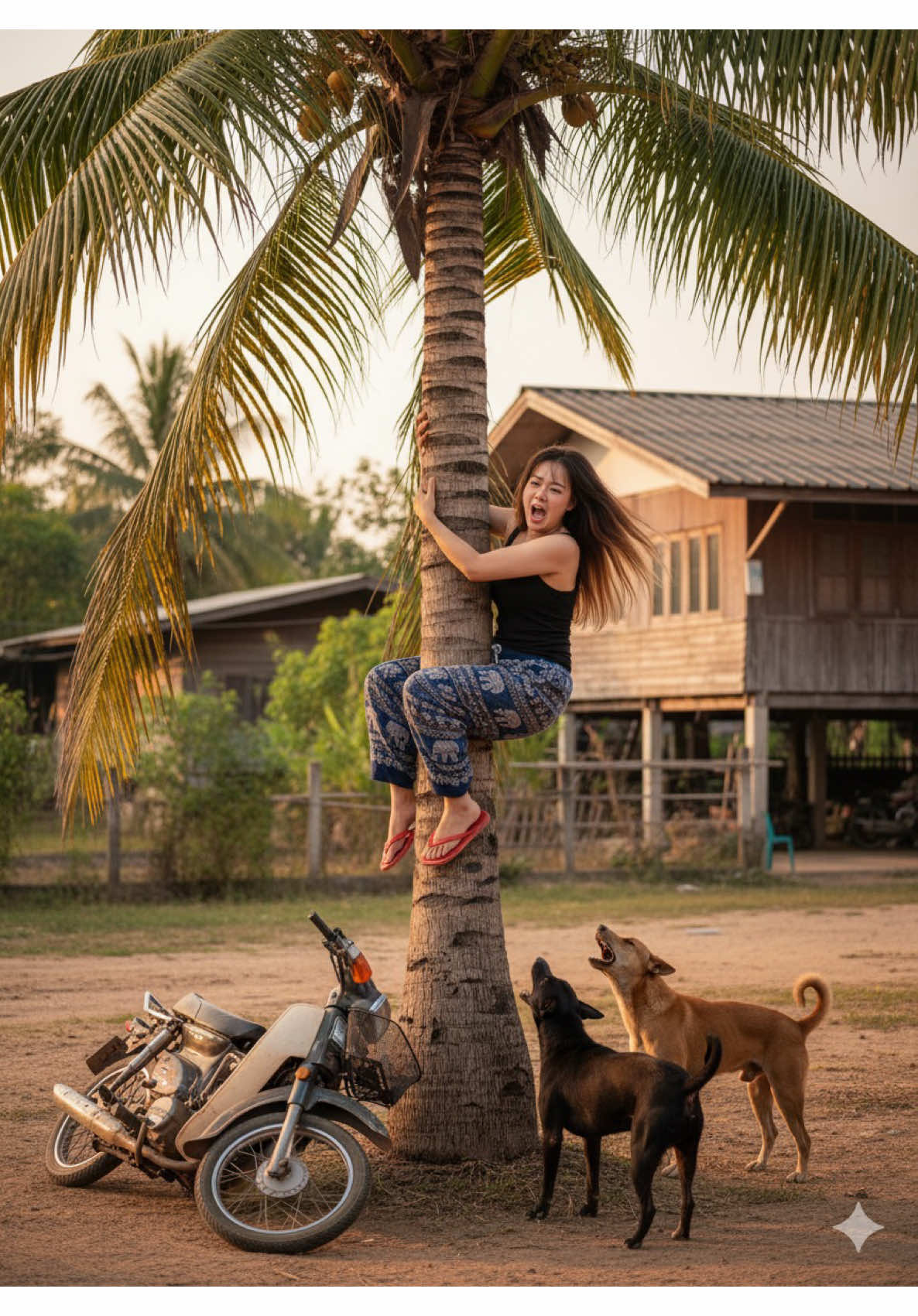 เป็นมิตรกับทุกคน ยกเว้นกับหมา🤣😂🐕#gemini #AIสร้างภาพ #prompt #ตลก #ยุค90  Prompt🐕 : สร้างจากภาพที่แนบมาเหมือนต้นฉบับ100% การแต่งตัวผู้หญิงใส่เสื้อกล้ามสีดำ กางเกงผ้าขายาวลายช้างไทย รองเท้าแตะสีแดง ทรงผมรุงรัง  อิริยาบท กำลังปีนขึ้นต้นมะพร้าวสูงระดับนึง ด้วยสีหน้าที่ตกใจสุดชีวิต มือกอดต้นมะพร้าวไว้แน่น ขาหนีบต้นมะพร้าวทำท่าเหมือนกบ สถานที่ ลานบ้านยุค90 มีต้นมะพร้าวและต้นไม้อื่นๆ ใกล้ต้นมะพร้าวที่ปีน มีมอเตอร์ไซค์เก่าๆล้มอยู่ ใต้ต้นมะพร้าวมีสุนัขพันธุ์ไทย 3ตัว สีดำ1ตัว สีส้ม2ตัว กำลังเห่าคนบนต้นไม้ ภาพมุมกว้าง โทนอบอุ่น ภาพคมชัดเสมือนจริง มีมิติ