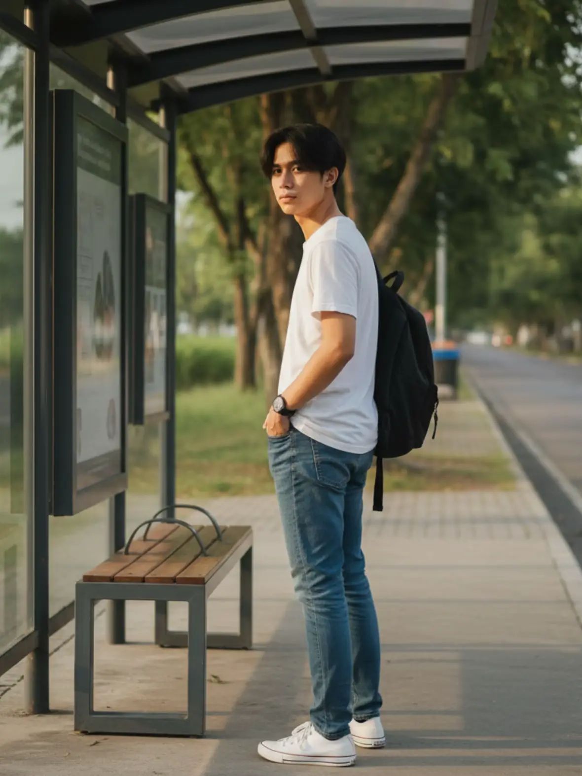 Prompt : Buatkan foto menampilkan seorang pria muda Indonesia sedang berdiri di sebuah halte bus. Penampilan: Ia memiliki model rambut middle part dengan poni belah tengah berwarna hitam yang sedikit acak-acakan dan mata berwarna hitam. Ekspresinya tenang, dengan pandangan yang diarahkan ke belakang, seolah-olah menoleh ke arah pengamat gambar. Pakaian: Pakaiannya sangat kasual, terdiri dari kaus putih polos, celana jins biru, dan sepatu kets putih. Gaya ini memberikan kesan santai dan sehari-hari. Aksesori: Ia mengenakan ransel hitam di bahu kanannya. Pose: Ia berdiri dengan santai, dengan satu tangan dimasukkan ke dalam saku celananya, memberikan kesan sedang menunggu. Latar dan Lingkungan (Halte Bus): Struktur Halte: Halte bus ini memiliki desain modern dengan atap dan dinding kaca transparan. Di belakang pemuda itu terdapat panel informasi besar, berisi jadwal atau peta rute bus, meskipun tulisannya tidak terbaca dengan jelas. Bangku: Terdapat bangku kayu dengan rangka logam di bawah panel informasi, khas seperti yang ditemukan di banyak halte. Lingkungan Sekitar: Latar belakang menunjukkan pepohonan hijau yang rimbun, menandakan lokasi tersebut berada di area perkotaan yang asri atau pinggiran kota. Jalanan terlihat di sisi kanan gambar. Pencahayaan dan Suasana ini didominasi oleh cahaya matahari sore atau pagi yang hangat dan keemasan. Hal ini terlihat dari bayangan panjang yang jatuh di trotoar dan kilau cahaya yang menyinari sisi tubuh pemuda serta panel kaca halte. Suasana: Pencahayaan yang hangat dan lembut menciptakan suasana yang tenang, damai, dan sedikit nostalgia. #prompt #ai #fyp #geminiai #fyppppppppppppppppppppppp 