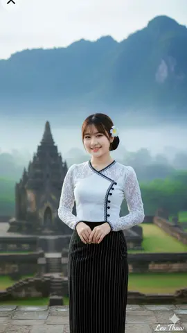 ဒီလို မြန်မာမူဆန်တဲ့ ပုံလေးတွေကို Gemini prompt နဲ့ထုတ်လို့ရပါပြီ prompt:A young Rakhine ethnic woman(exactly face photo)wearing a traditional outfit in elegant black-and-white design. The upper garment is a fitted blouse, predominantly white with delicate lace details and subtle black trimming along the edges. The lower garment is a long black htamein with fine white vertical stripes. She stands gracefully, her hair styled in the traditional Rakhine ‘chone-pone’ bun adorned with a fresh white flower. The background reveals the mystical beauty of Rakhine: An ancient Rakhine Buddhist temple in Mrauk U, Myanmar, constructed entirely from black stone blocks. The architecture is monumental, resembling both a fortress and a spiritual sanctuary. At the center rises a massive dome-shaped stupa, weathered with time, flanked by several smaller stupas arranged symmetrically. The walls are thick, layered in terraces, with intricate stone steps leading to a narrow pointed entrance archway. The surface of the temple is rough and aged, covered in patches of moss and creeping vines that emphasize its centuries-old history. The structure sits isolated on a dry, grassy plain, surrounded by distant green hills. Above, the sky is bright and expansive, with dramatic clouds casting moving shadows across the temple. The atmosphere blends serenity with mystery, evoking the lost kingdom of Mrauk U and its timeless Buddhist heritage. Highlight the ancient stone texture, the spiritual grandeur, and the historical aura of the monument. Behind them, towering green mountains rise majestically, shrouded in soft morning mist. The atmosphere is cinematic, hyper-detailed, and ethereal, with drifting fog enhancing the spiritual and timeless beauty of the scene. Ultra-realistic, 8K resolution, blending cultural authenticity, natural elegance, and the serene heritage of Rakhine. Photo sign signature text is small latter italic font black color Leo Thaw and she is looking camera warmly smile. #ai #aiart #aiphoto #geminiai 