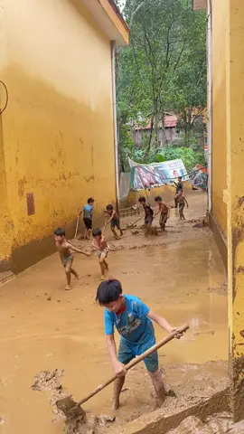 sau cơn bão các e học sinh cùng các chú bộ đội hợp sức giúp các cô giáo dọn dẹp trường học.                     #bãobualoi#treemvungcao                           #trending 
