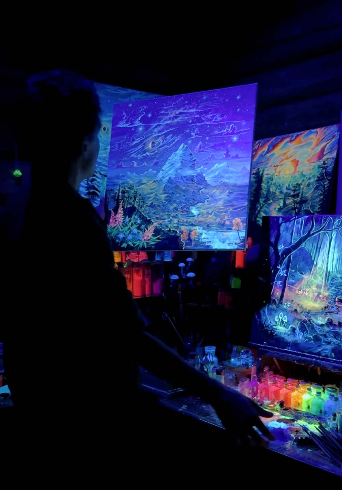 It’s finished ! - My most complicated three stage Oil, UV and luminescent painting ! - It’s been a long process and I hadn’t even planned on doing the last stage until a couple of weeks 😅✨ - But I really like that last finish - It feels like the glow in the dark add that extra layer of magic that I have been looking for .. for ever 🪄 - It’s now going to dry and goes to its new home in @HighCountryJohn ‘s Home 🙏❤️ -  - #GlowingArt #artwork #art #oilpainting #painting 