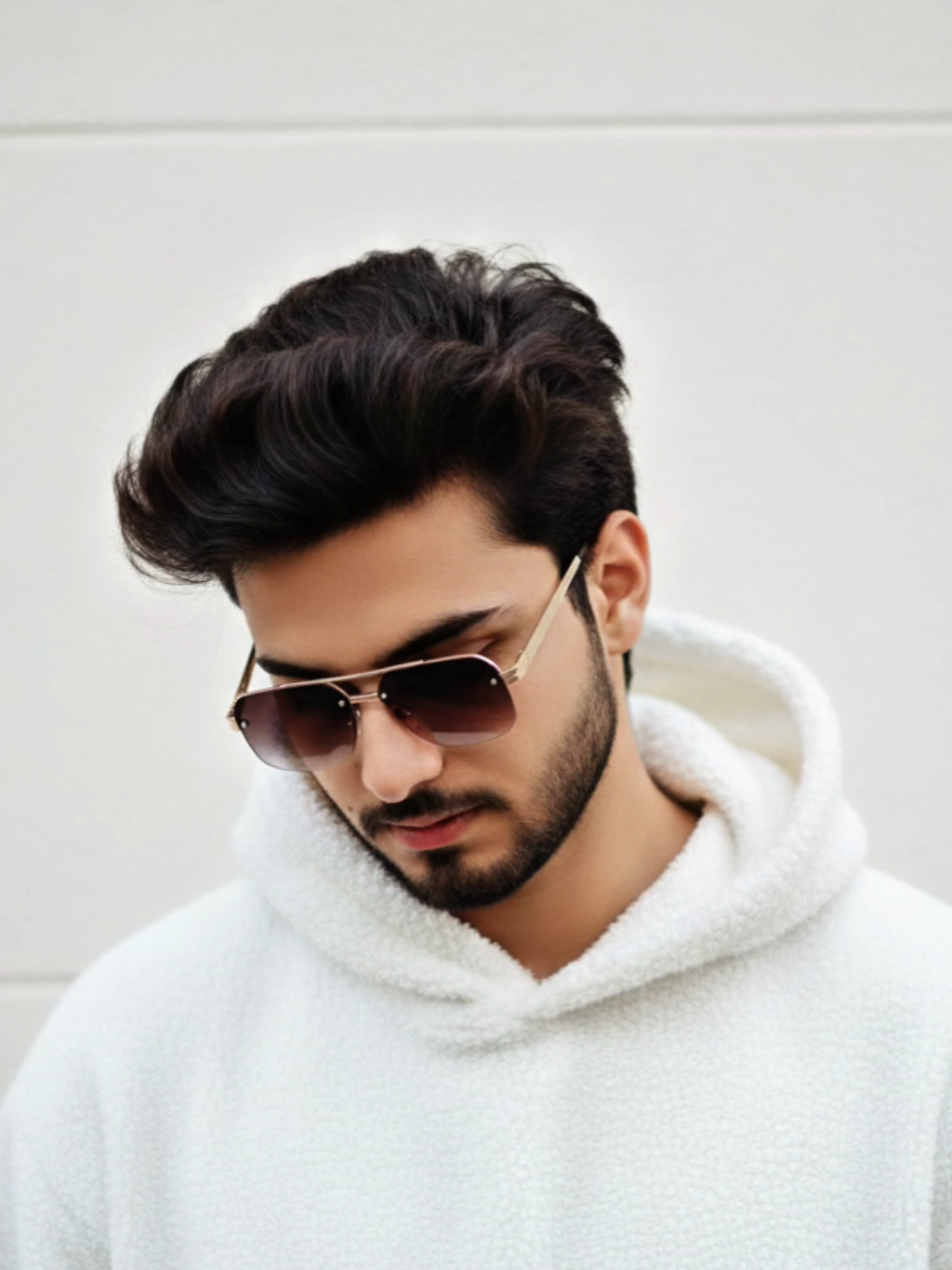 𝙋𝙍𝙊𝙈𝙋𝙏   🐻‍❄️  ‎ ‎   Aesthetic portrait of a stylish Young Man wearing a fluffy oversized white hoodie'  He has trendy voluminous hair and is wearing tinted sunglasses, partl, moody pose. The logo sakerul lighting is soft and minimal, creating a modern, Instagram-aesthetic vibe with a clean background.