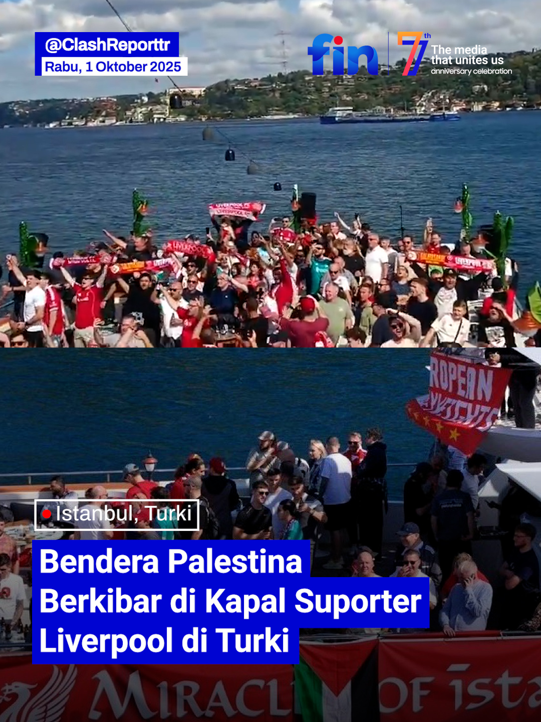 Suporter Liverpool Kibarkan Bendera Palestina di Tur Bosphorus Jelang Laga Lawan Galatasaray Menjelang pertandingan Galatasaray vs Liverpool di Istanbul, para suporter Liverpool menggelar tur menggunakan kapal di Selat Bosphorus. Dalam tur tersebut, para suporter tampak mengibarkan bendera Palestina di kapal mereka. 📍 Istanbul, Turki #Liverpool #Galatasaray #Istanbul #BosphorusTour #Palestina #UEFA #FansLiverpool #MatchDay #Suporter #Bendera #Viral