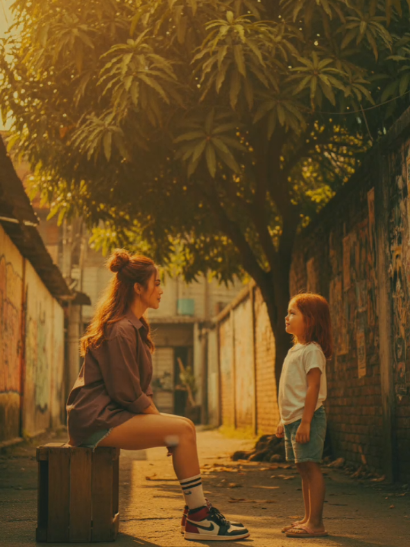 GEMINI AI PROMPT A cinematic, photorealistic full-body shot of a female adult meeting her childhood self in an old residential alley with a large mango tree, captured from the side view. The adult sits, gazing softly at the child, while the child stands at a distance looking up at her with admiration. Both figures are shown in full body, with realistic proportions and natural posture. Warm golden hour sunlight streams from the side, casting long shadows and creating a nostalgic mood over the worn alley walls and glowing mango leaves. Replace both faces with the ones from the uploaded photos, keeping every detail of their hair, outfits, and accessories exactly as in the reference images. Vertical 9:16 ratio, realistic skin texture, natural expressions, cinematic lighting, and warm tones. #CapCut #fypシ #fypシ゚viral #fyppppppppppppppppppppppp 