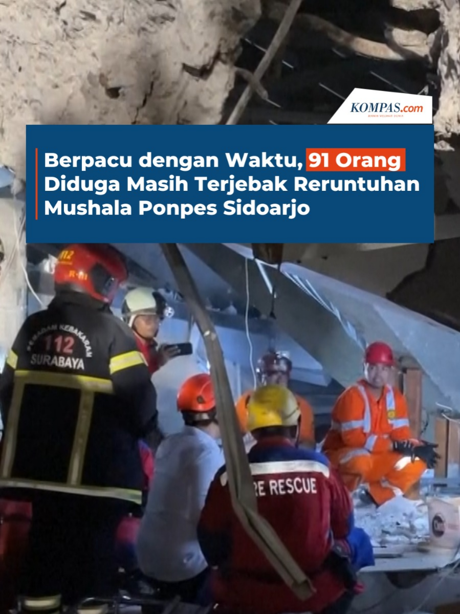 Tim SAR gabungan terus berupaya mengevakuasi korban reruntuhan mushala Pondok Pesantren Al Khoziny, Sidoarjo, Jawa Timur. Kepala Pusat Data, Informasi, dan Komunikasi Kebencanaan BNPB Abdul Muhari mencatat, hingga Selasa (30/9/2025) malam, sebanyak 91 orang diduga masih tertimbun material bangunan. Berdasarkan data sementara hingga Rabu (1/10/2025) pukul 11.00 WIB, tim SAR gabungan telah mengevakuasi kurang lebih 100 orang, dengan rincian tiga orang meninggal dunia, sementara puluhan lainnya mengalami luka berat dan luka ringan. Penulis: Izzatun Najibah, Icha Rastika, Bilal Ramadhan Kreatif: Nabilla Mutiara Produser: Reza Kurnia Darmawan + #Ponpes #AlKhoziny #Sidoarjo #Peristiwa ##Read