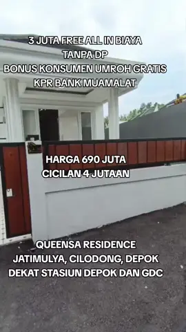 QUEENSA JATIMULYA CILODONG DEPOK Rumah Murah Di Cilodong Depok, Nempel Alun-Alun GDC Kota Depok, Dan Dekat Dari Stasiun Depok Spesifikasi Bangunan  * Luas tanah : 70 M² - 97 M² * Luas bangunan : 50 M² - 60 M² * Kamar tidur : 2 * Kamar mandi : 2 * Carpot : 1 Mobil + 2 Motor * Listrik : 1.300 Watt menggunakan system pra bayar ( token ) * atas dan slop bawah : dengan besi & Tiang bertulang * Pondasi : batu kali & Beton Bertulang * Dinding : hebel di plester * Lantai : 1 full granit * Plafond : gypsun dengan kerangka hollo galvanis * Atap : rangka baja ringan * Genteng : Keramik * mesin air : jet pum * jalan menggunakan : cor beton * kusen pintu /jendela : memakai Alumunium custem Bonus  - 1 unit AC - Mesin Air - Torent Air  - Taman depan - Garansi 3 bulan LOKASI - Dekat pusat perbelanja'an - Dekat sarana pendidikan SD,SMP dan SMA - Dekat Rumah sakit - Dekat Tempat-tempat kuliner - Dekat dengan masjid - Pintu tol Margonda +/-15 Menit - Stasiun depok +/- 5 Menit - Dekat pasar tradisional - Dekat Alun-alun depok Minat dan Survei bisa hubungi Mas Novianto (WA. 085770045511) #fyppppppppppppppppppppppp #dekatstasiundepok #rumahdpnolpersen #rumahtanpadp #rumahcilodongdepok 