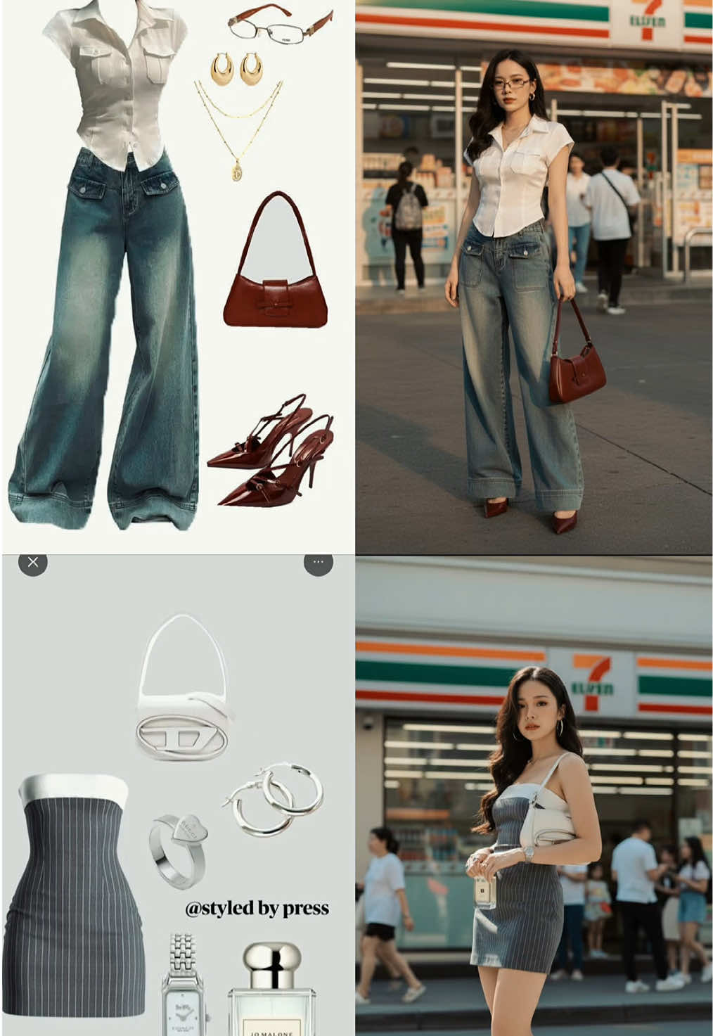 Change the outfits you like 🥰 Thích gì mặc đó.                        B1: Vào Gemini tải ảnh bạn và outfit set bạn thích như video. B2: Sau đó copy đoạn này >>>> Place the outfit in a image 2 on the woman in image 1, Without changing my facial features and face. Create this picture 4k quality but bright image of the reference picture. It should be look like realistic. suitable hairstyle. Create a photo of me of a young woman posing elegantly near 7/11 store on a afternoon sunlight, with some blurry people walking around. Few loose hair strands falling across her face. She is wearing the clothes provided in the second picture. Use 100% of my facial features B3: Nhận kết quả sau vài chục giây. Kiểm tra KQ. Nếu chưa ưng ý thì thoát app và quay lại B1 B4: Hãy nhấn THEO DÕi mình để thấy các bài viết mới. Ngồn Prompt MIỄN PHÍ để bạn tạo ảnh cho mình, bạn bè và người thân.  CHÚC CÁC BẠN CÓ NHỮNG BỨC ẢNH ƯNG Ý —————- *   * * Recommended to take a picture that clearly sees our face##gemini##bee##AI##trending##changeoutfit 