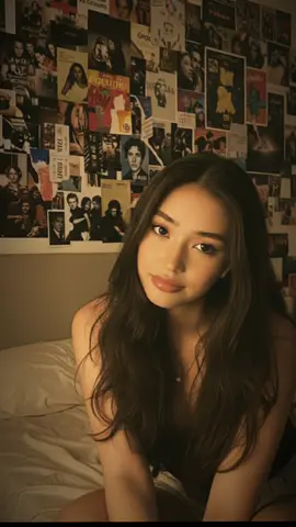 Using this face, do not enhance or alter the face in any way: Create a candid, atmospheric medium close-up portrait of a young woman in her bedroom, characterized by its warm, golden ambient lighting that evokes a strong sense of nostalgia. The wall behind her is densely collaged with a variety of posters, photos, and ephemera, creating a visually rich, indie aesthetic with references to music and film. She is sitting casually on her bed, leaning toward the camera with a gentle smile. The entire scene is bathed in a soft, monochromatic warm yellow glow, giving the photograph a lo-fi and film-like quality. The image's slight softness and grain enhance its candid and authentic feel, capturing a personal and unposed moment. #gemini #ai #prompt 
