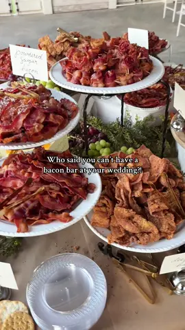 Not us! We had a bride ask for a bacon bar and were so happy with how it came out! . We had regular, candied, fried, sweet chili, and powdered sugar bacon! 🥓  . What’s something out of the ordinary that you would want your wedding?! . Let us know if you would like something similar for your wedding @Wolf-Hill-Venue  . #catering #wedding #weddingtips #viral #fyp 