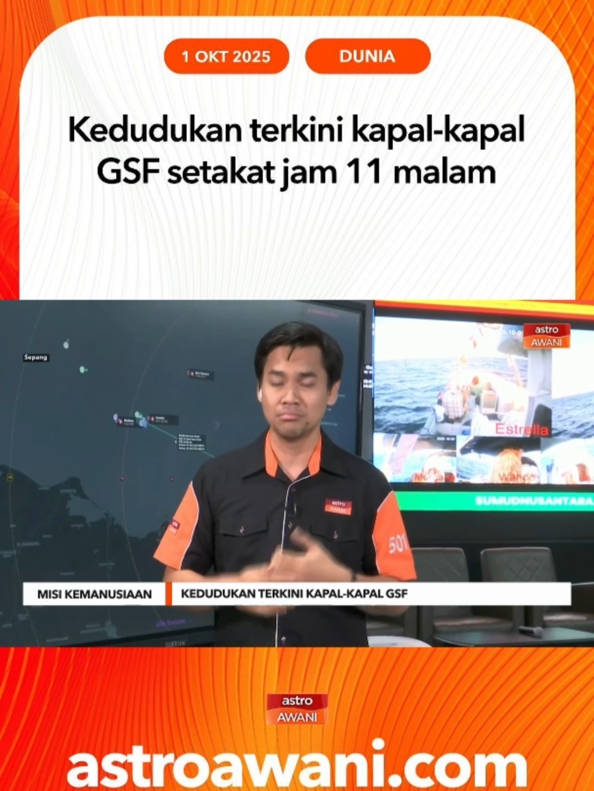 Lintas langsung bersama Editor Media Sosial Astro AWANI, Hilal Azmi yang berada di Sumud Nusantara Command Centre mengenai kedudukan terkini kapal-kapal GSF yang memasuki zon merah. #AWANInews
